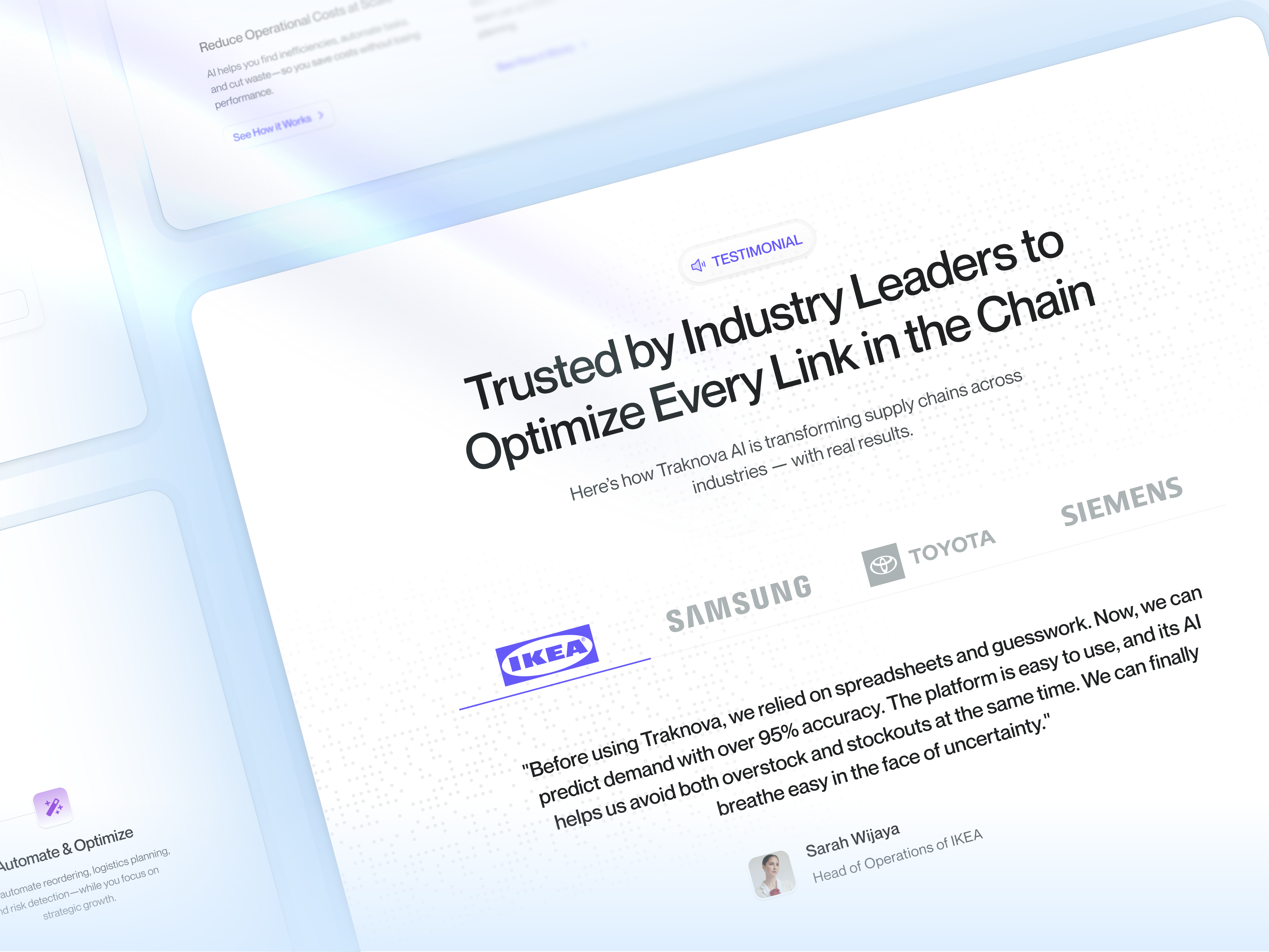 Traknova - AI Supply Chain Management Testimonial Section ai app b2b delivery design distribution logistics minimal modern saas shipping supply chain supply chain management technology tertimonial ui ux website