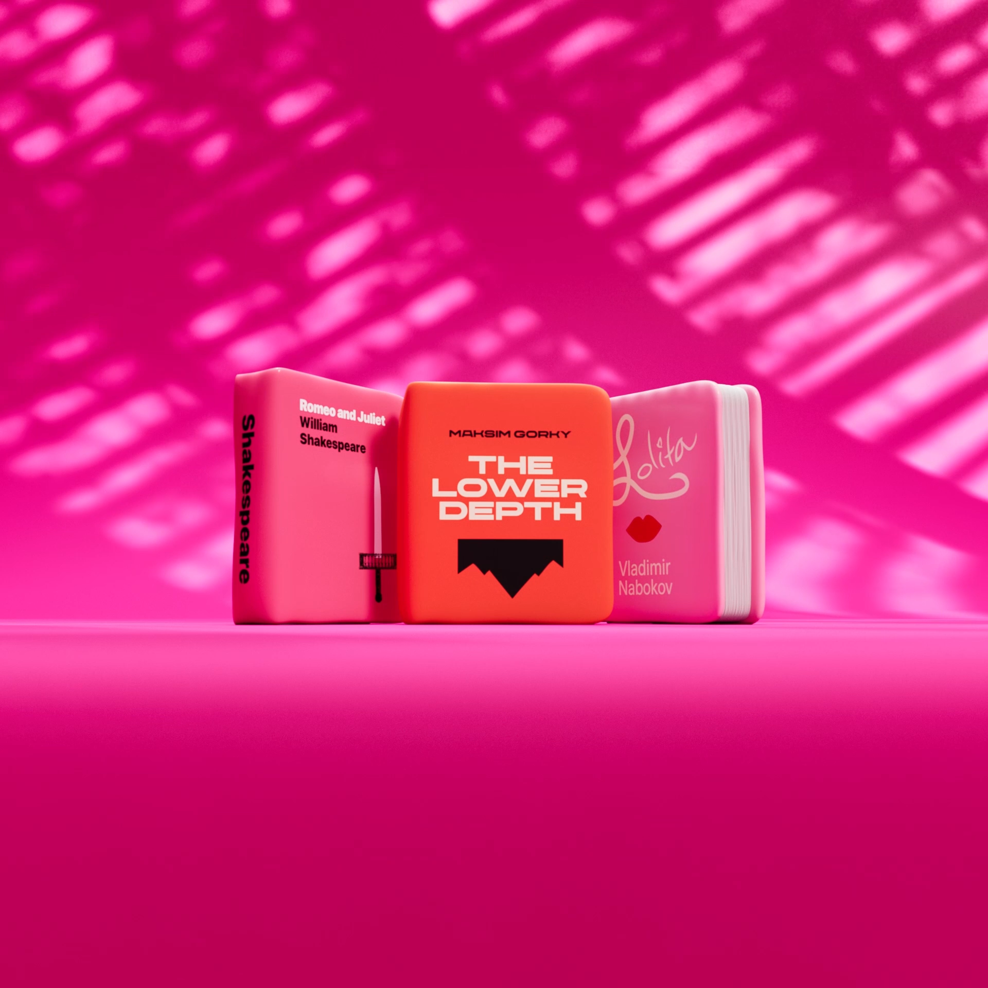 Shades of Pink: Classic Literature in Miniature 3d books 3drender artdirection bookdesign bookstagram classicbooks colorpalette designinspiration gorky hotpink miniaturebooks nabokov pinkaesthetic productdesign shakespeare tiny books
