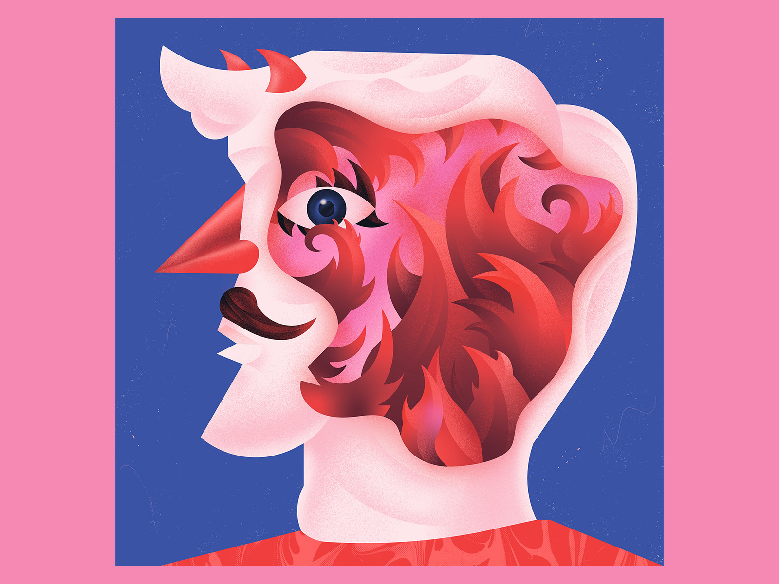 The One That Burned his Thoughts 🔥 adobe burning character colorful cover devil digitalart editorial eye fire gradient grain illustration illustrator magazine moustache portrait procreate thoughts vector