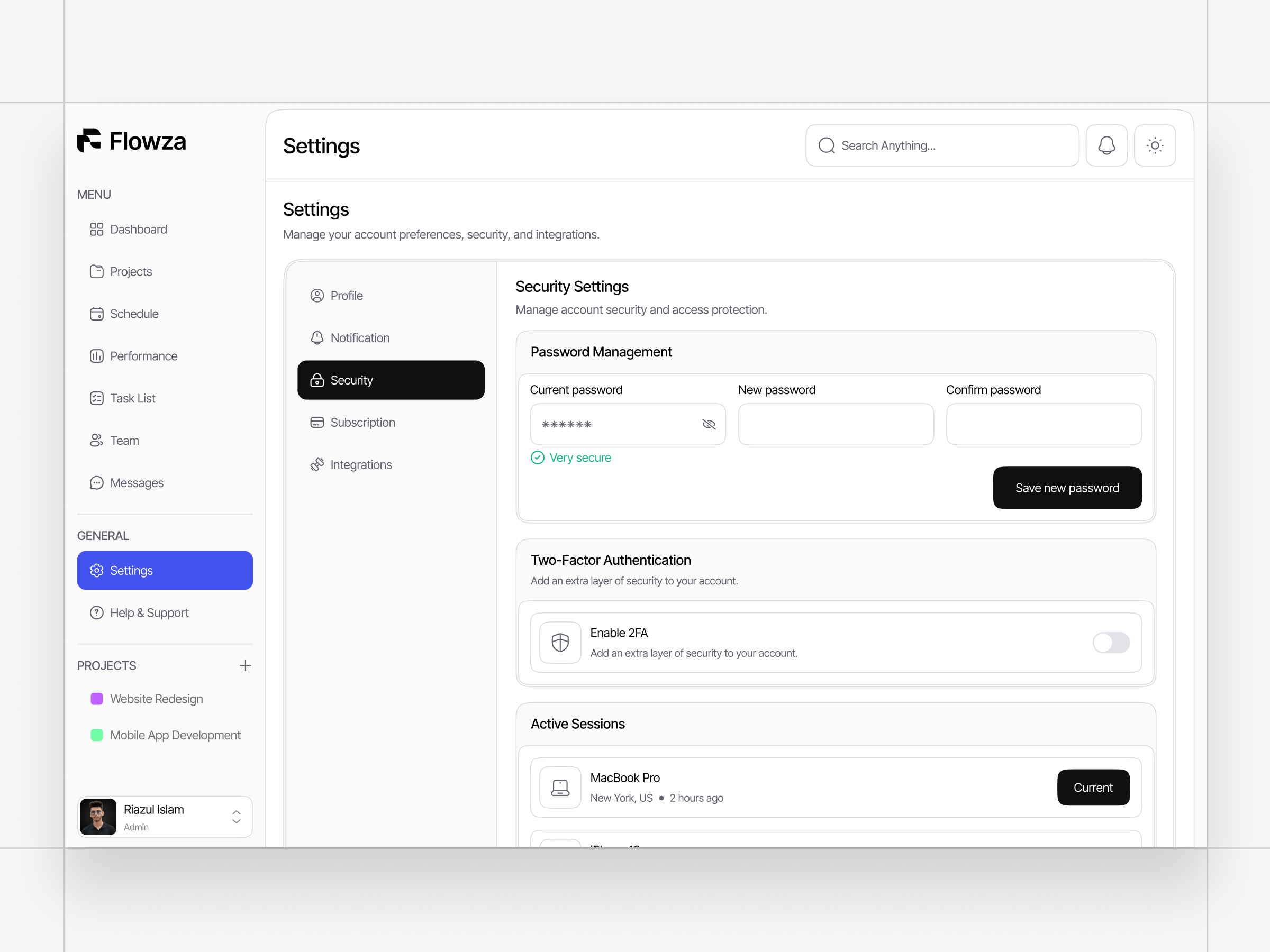 Security Settings | Dashboard | SaaS | Web App form preferences product design saas security settings settings settings page table user interface