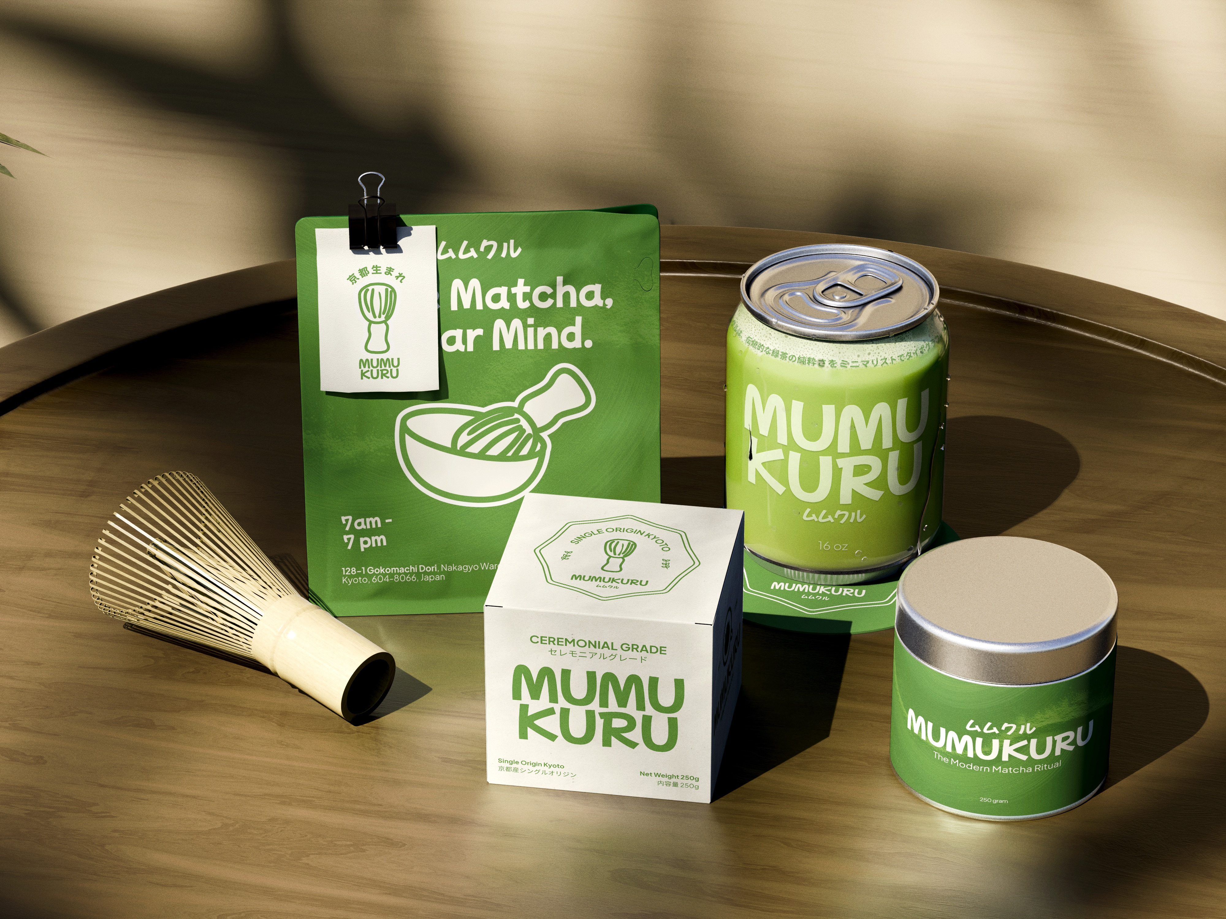 Mumukuru — Modern Matcha Cafe Brand Identity 3d brand identity branding business proposal cafe cafe branding ceremonial matcha claymoon lab studio coffee shop graphic design japanese design logo logo design logotype matcha minimalist mumukuru packaging typography visual identity