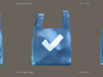 011 — Authentic 3d animation anticulture art artwork authentic badge checkmark digital art dystopia facebook frosted galss gallery meta nft plastic plastic bag trash verified waste