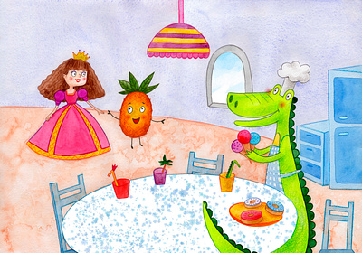 PRINCESS AND PINE | Children book book branding illustration акварель ананас детская иллюстрация детская книга для детей иллюстратор крокодил на заказ персонаж персонаж для бренда повар принцесса цветные карандаши