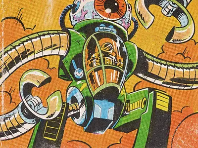 Attack of the Eyeball Mech! eyeball horrorcomic illustration mech pulpcomic retroart retrocomic robot scifi vintagecomic