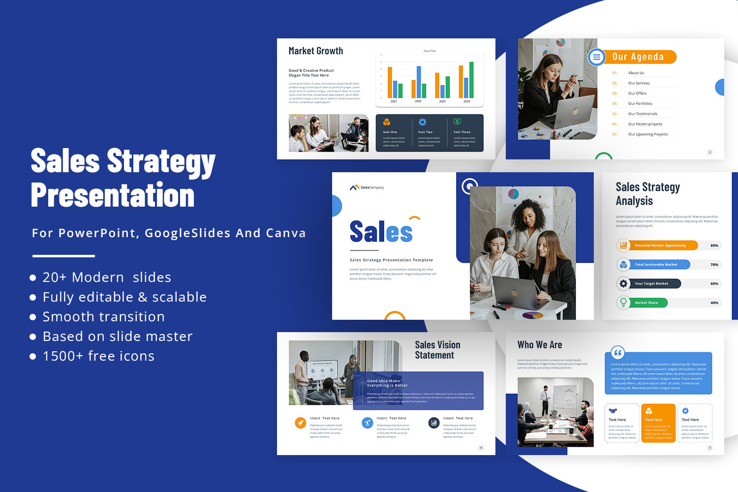 Sales Strategy Presentation Template analysis business charts client consultant design growth marketing mockups performance pitch proposal roadmap sales slides startup strategy team template vision
