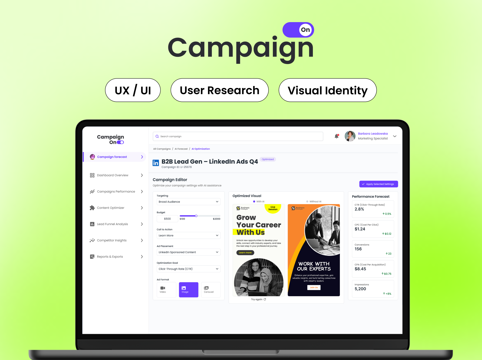 CAMPAIGNON | AI-powered platform b2b customer journey map design design system desktop graphic design interviews lead generation management marketing persona reporting research social media ui ui kit ux visual design