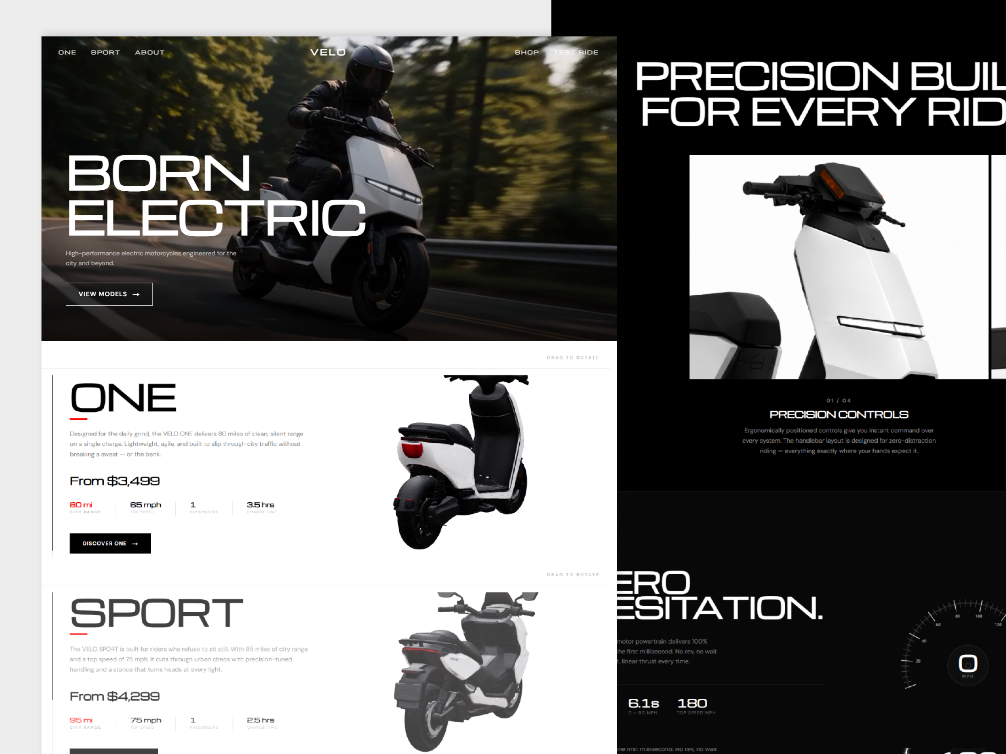 VELO - Electric Motorcycle Interactive Product Website Design 3d configurator 3d product automotive ui automotive website digital showroom ecommerce website electric motorcycle electric vehicle interactive website landing page design motorcycle website performance product product showcase product website tech website ui design ui ux vehicle design web design website design