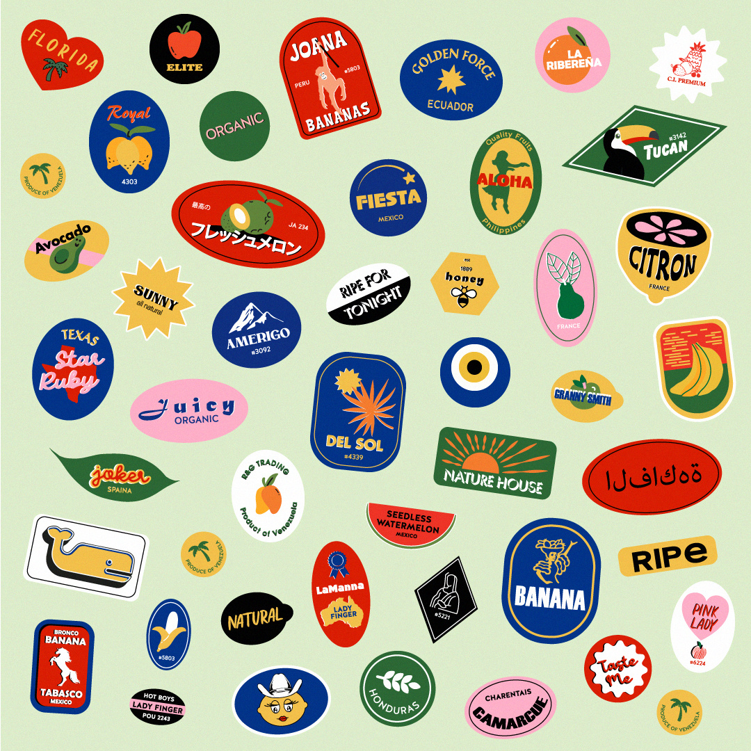 Produce Stickers apple banana fruit graphic design home decor illustration melon orange pattern print design produce stickers surface design