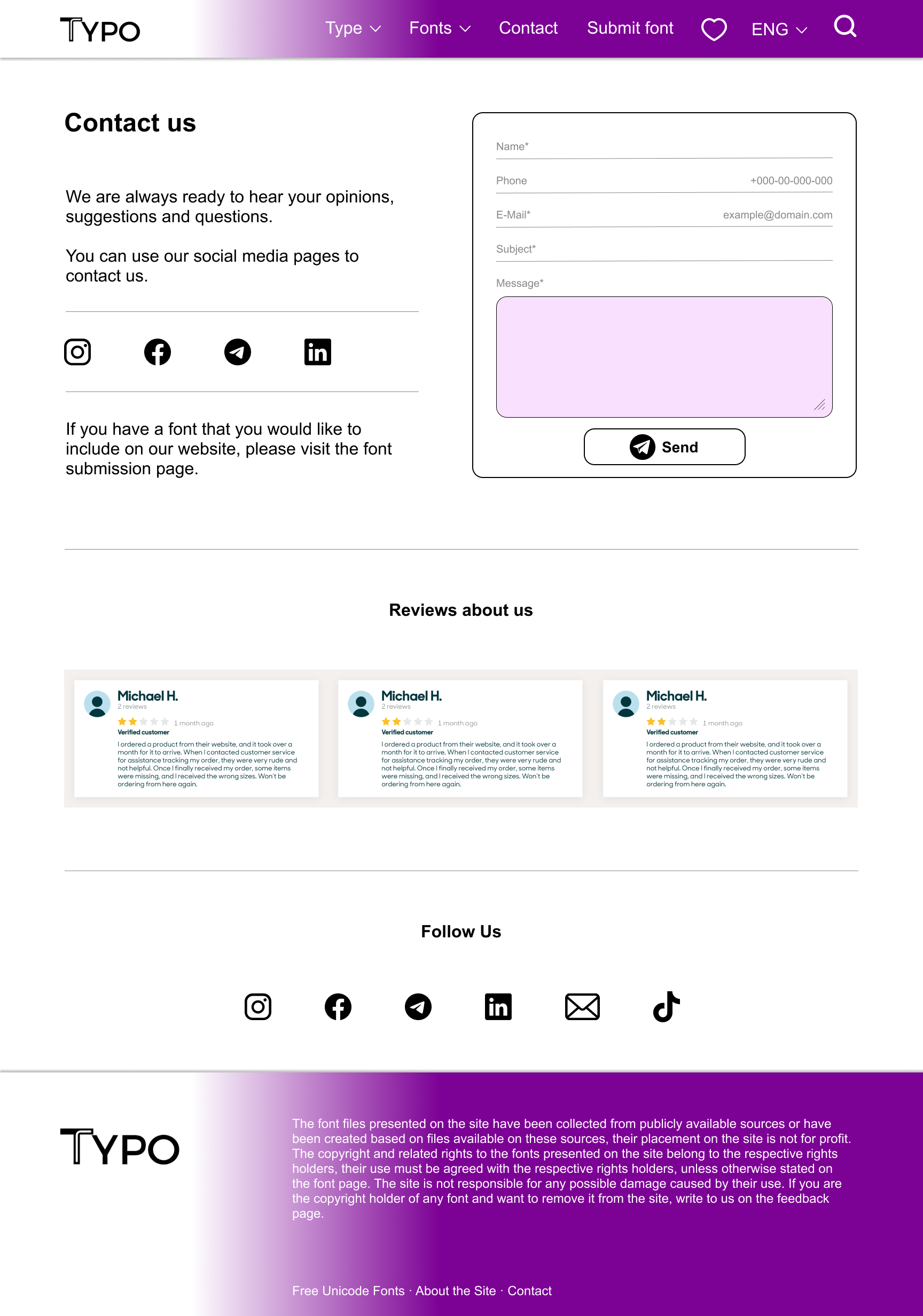 Contact Us page concept for TYPO — a font discovery platform. contactpage dribbble figma minimaldesign productdesign typography ui uidesign userexperience ux webdesign webui