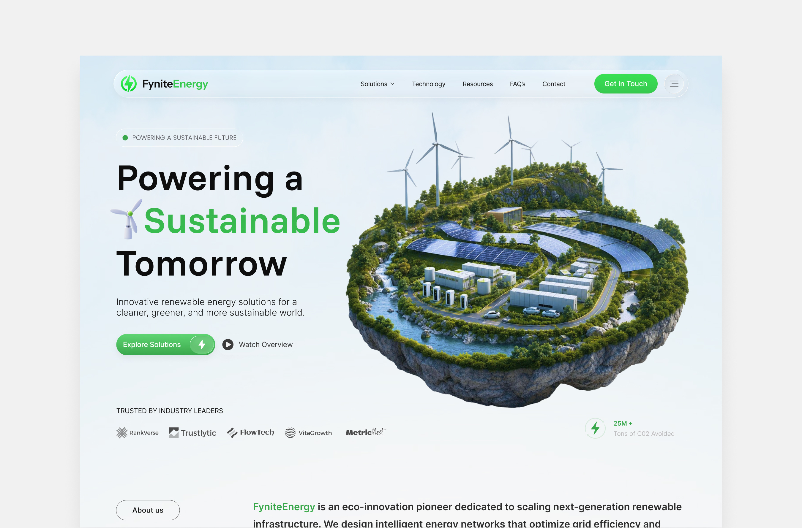 FyniteEnergy — Renewable Energy Landing Page UI Design 3d illustration clean energy clean ui energy platform figma green energy hero section landing page modern website renewable energy saas website solar energy startup website ui ui design ui ux ux design web design website design wind energy