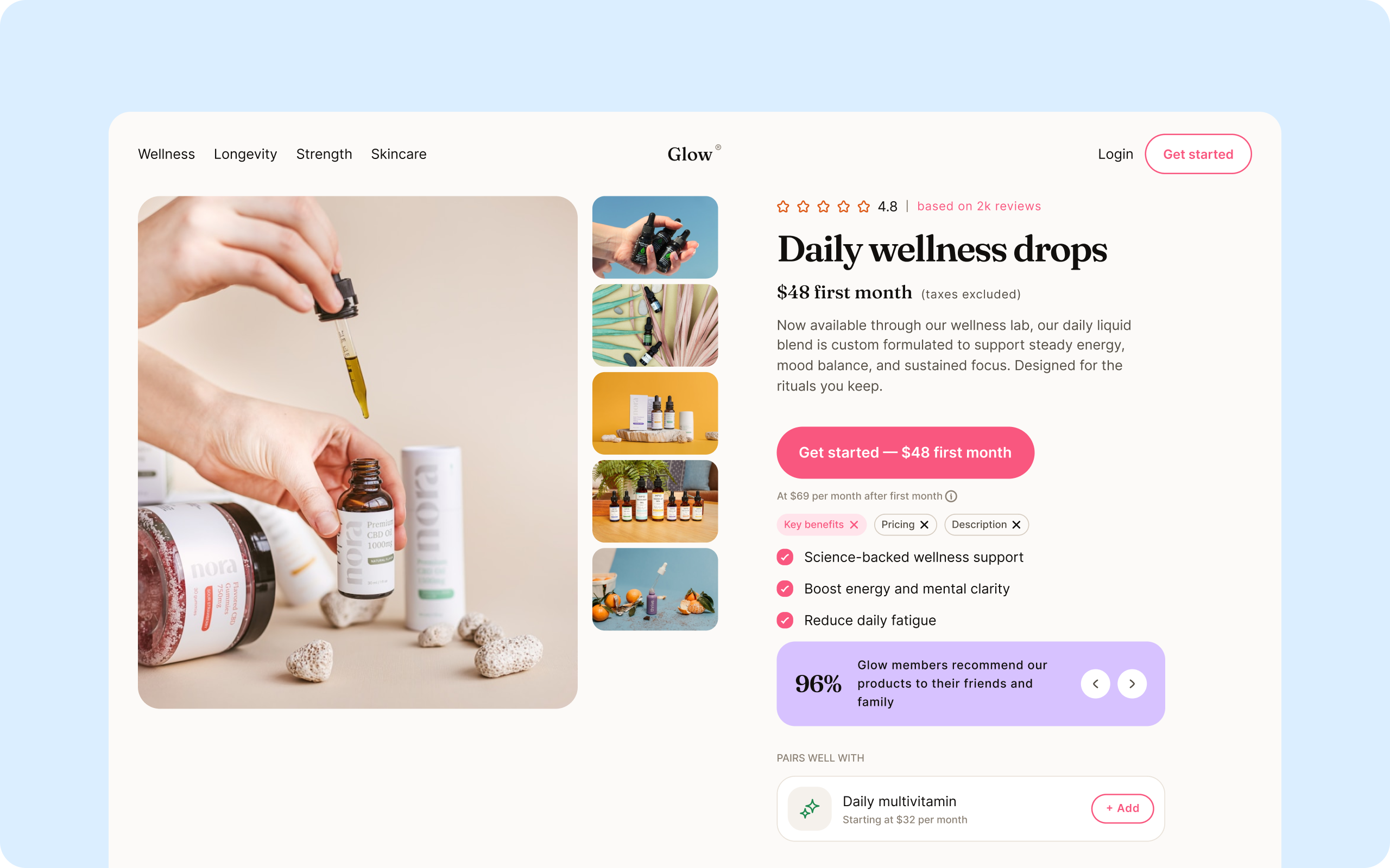 Glow — Wellness Product Landing Page ai componentlibrary design design system figma minimalui pastal tokens ui uidesign ux uxdesign variables velar web webdesign website