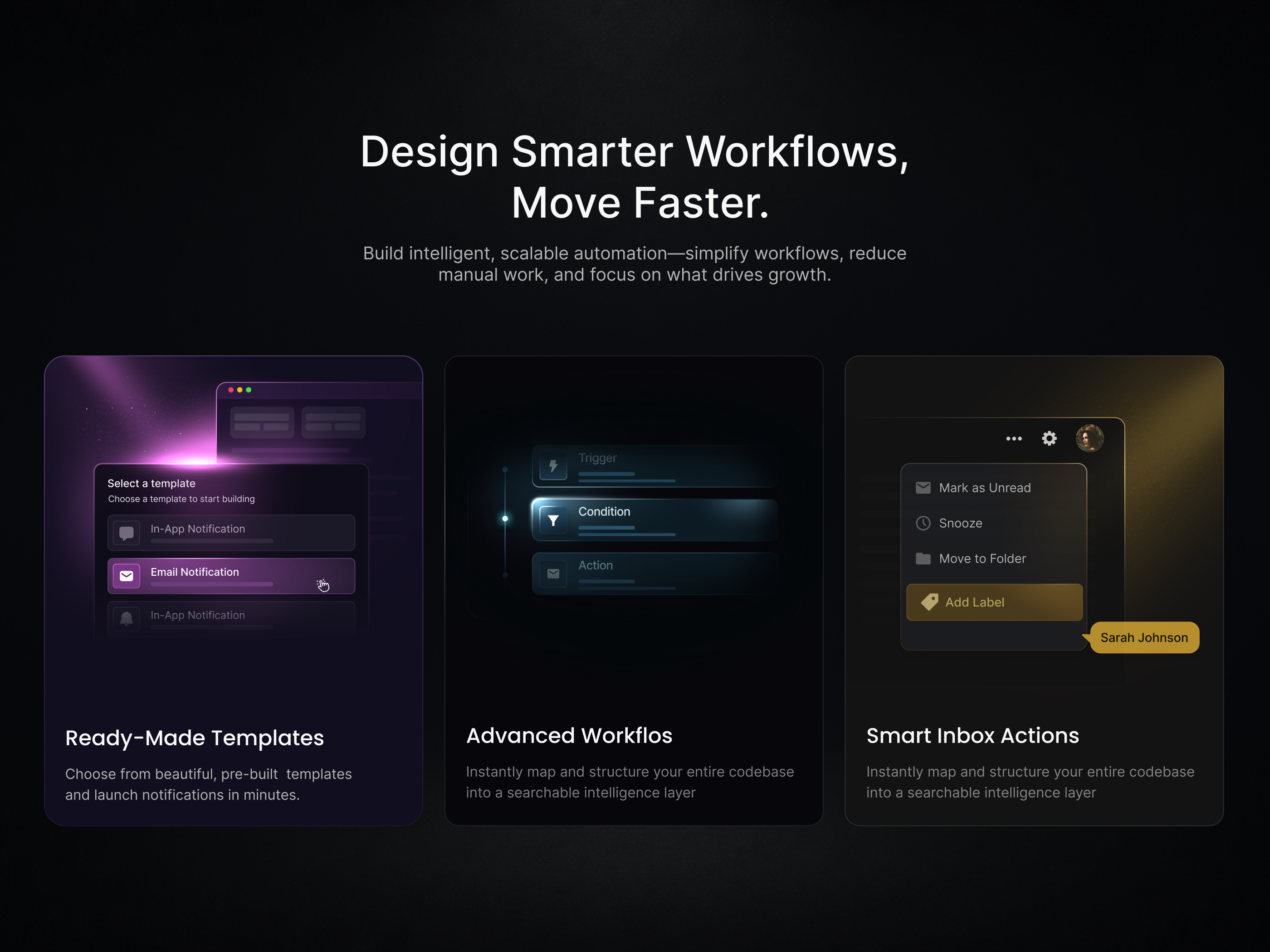 Dark Mode Bento Grid Design –Workflow Automation Feature Section automation platform b2b saas bento grid bento grid design card ui design dark mode ui dark theme design dashboard ui design system feature section glow effect ui modern ui design product design productivity app saas feature section saas website design ui ux design web app design web design workflow automation
