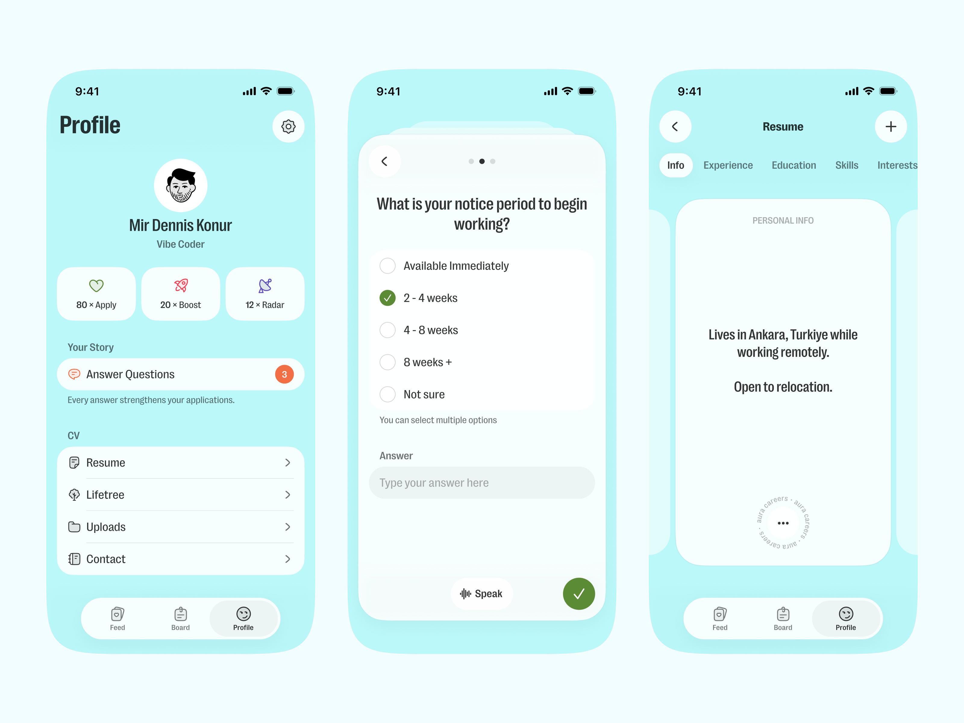Aura — Your Career Story ai app design career app cv interaction design ios app living resume minimal ui mobile ui product design profile ui resume resume builder voice ui