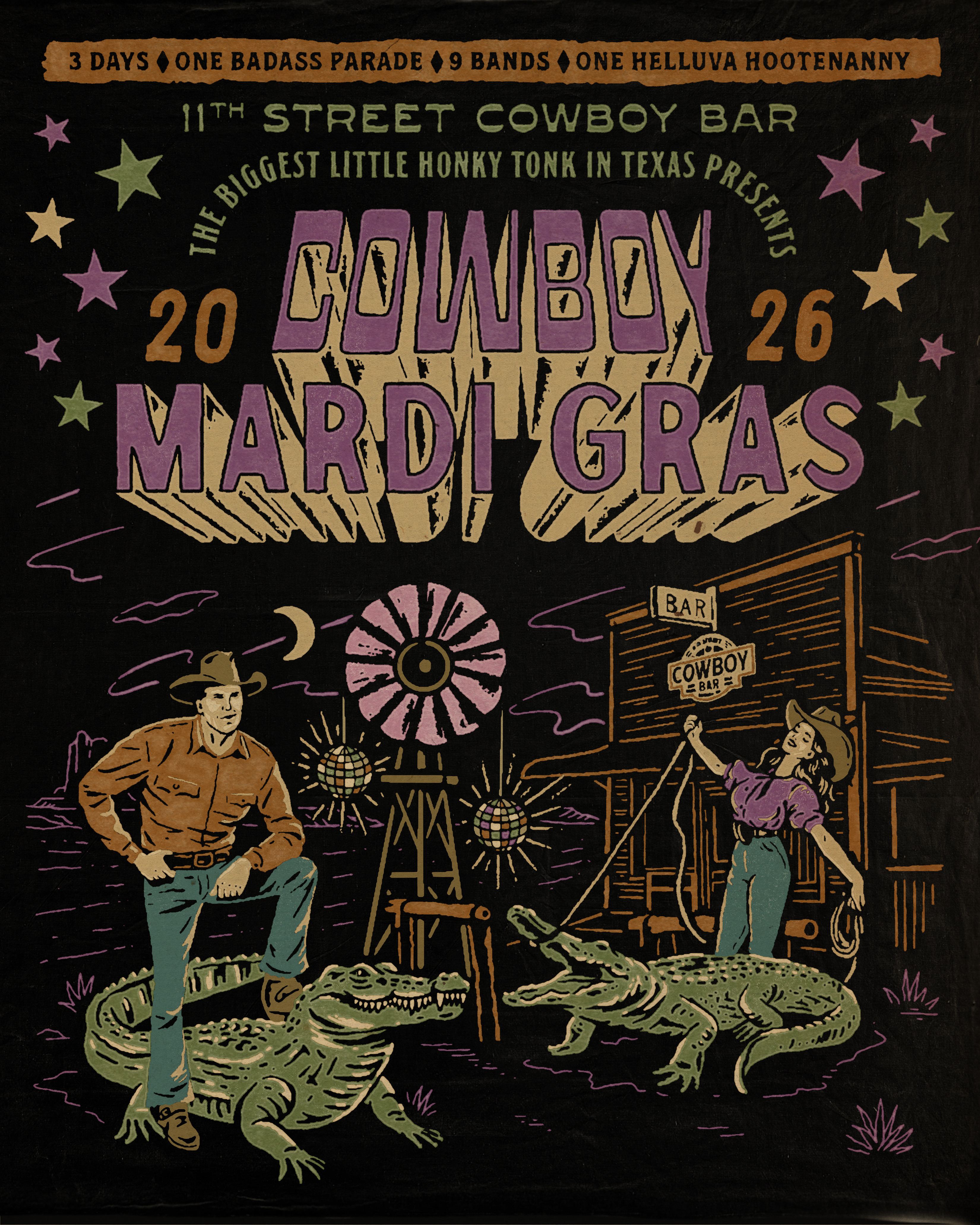 Cowboy Mardi Gras 2026 Poster cowboy cowgirl crocodile desert event poster festival music poster western
