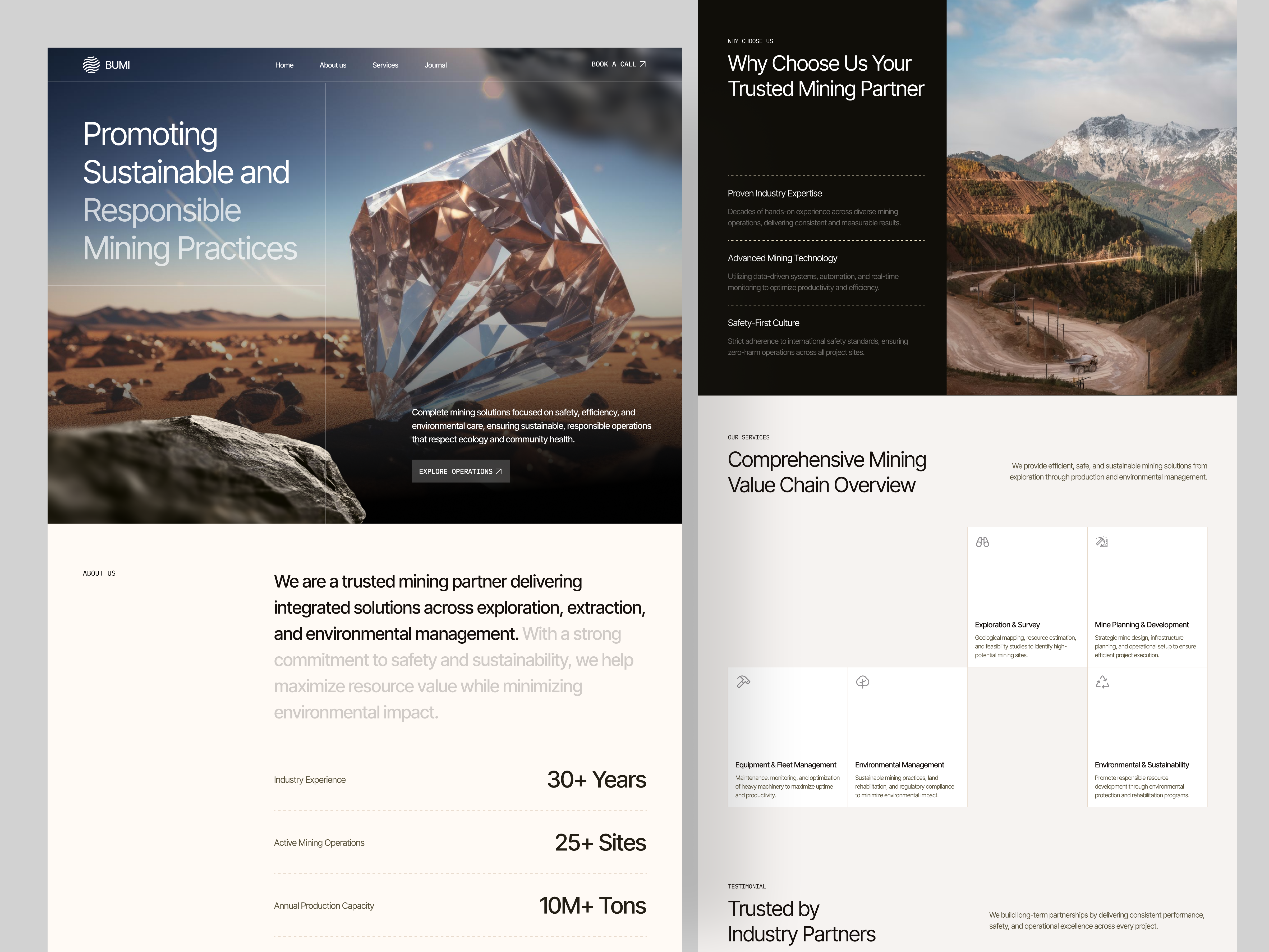 Bumi — Sustainable Mining Company Landing Page clean corporate design design engineering website heavy industry industrial design industrial website interface manufacturing website mining design mining factory mining technology product service startup ui ux web web design website