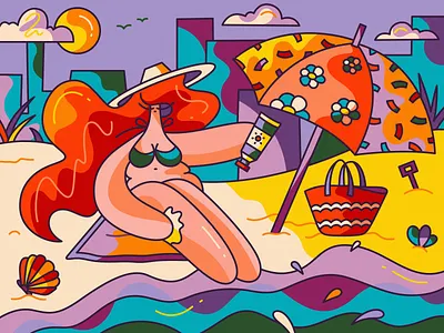 Beach Day adobe illustrator beach character design cute digital art digital illustration flat illustration summer sunbathing vector vector illustration