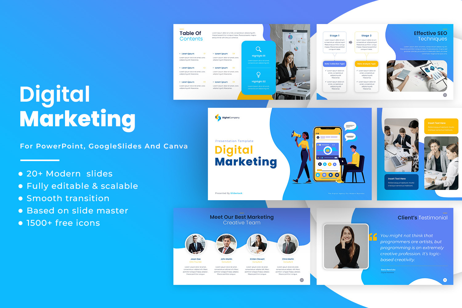 Modern Digital Marketing Presentation Template advertising analytics branding business campaign corporate design digital googleslides growth marketing modern powerpoint presentation professional slides socialmedia startup strategy template