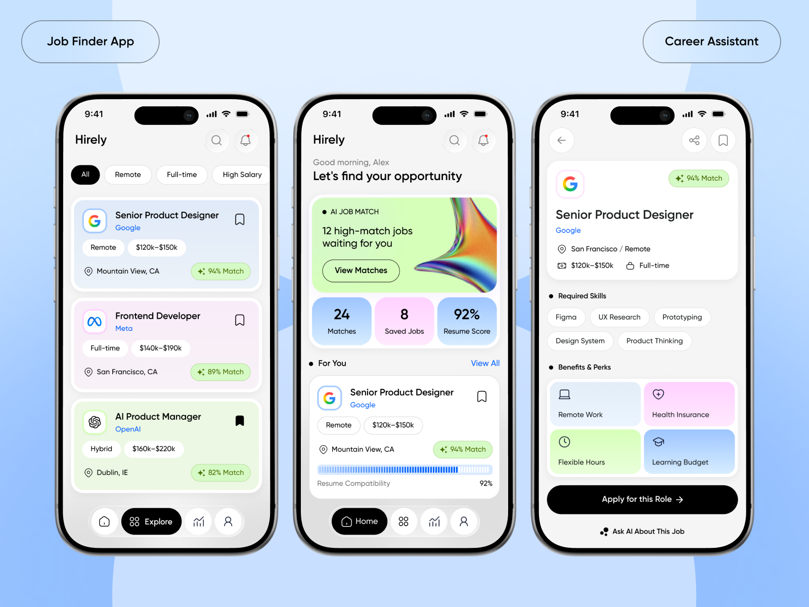 Hirely: AI Job Finder App Design ai ai app ai assistant ai careers ai job finder ai job search app ai powered ai powered job finder app career app ui find job future jobs hiring interactive design job discovery app job portal job search mobile app design recruitment app tech jobs ui trends