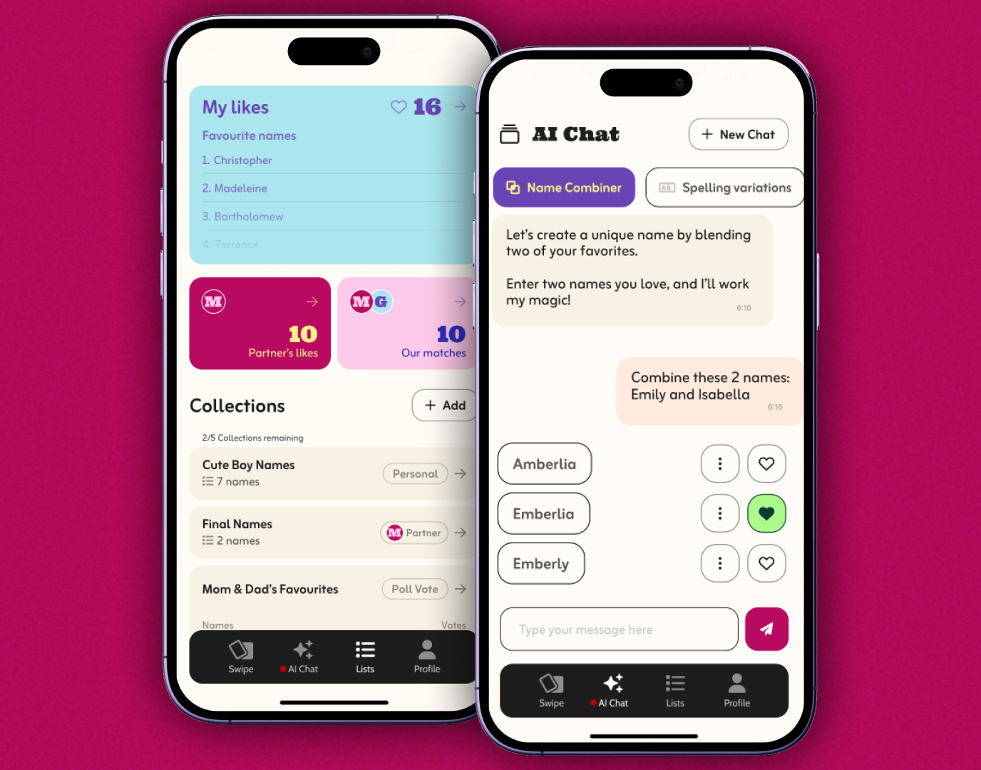 AI baby name generator ai chat ai name generator app design baby name app baby names card ui chatbot design collection lists ios app mobile app design name generator product design ui ui design ux design