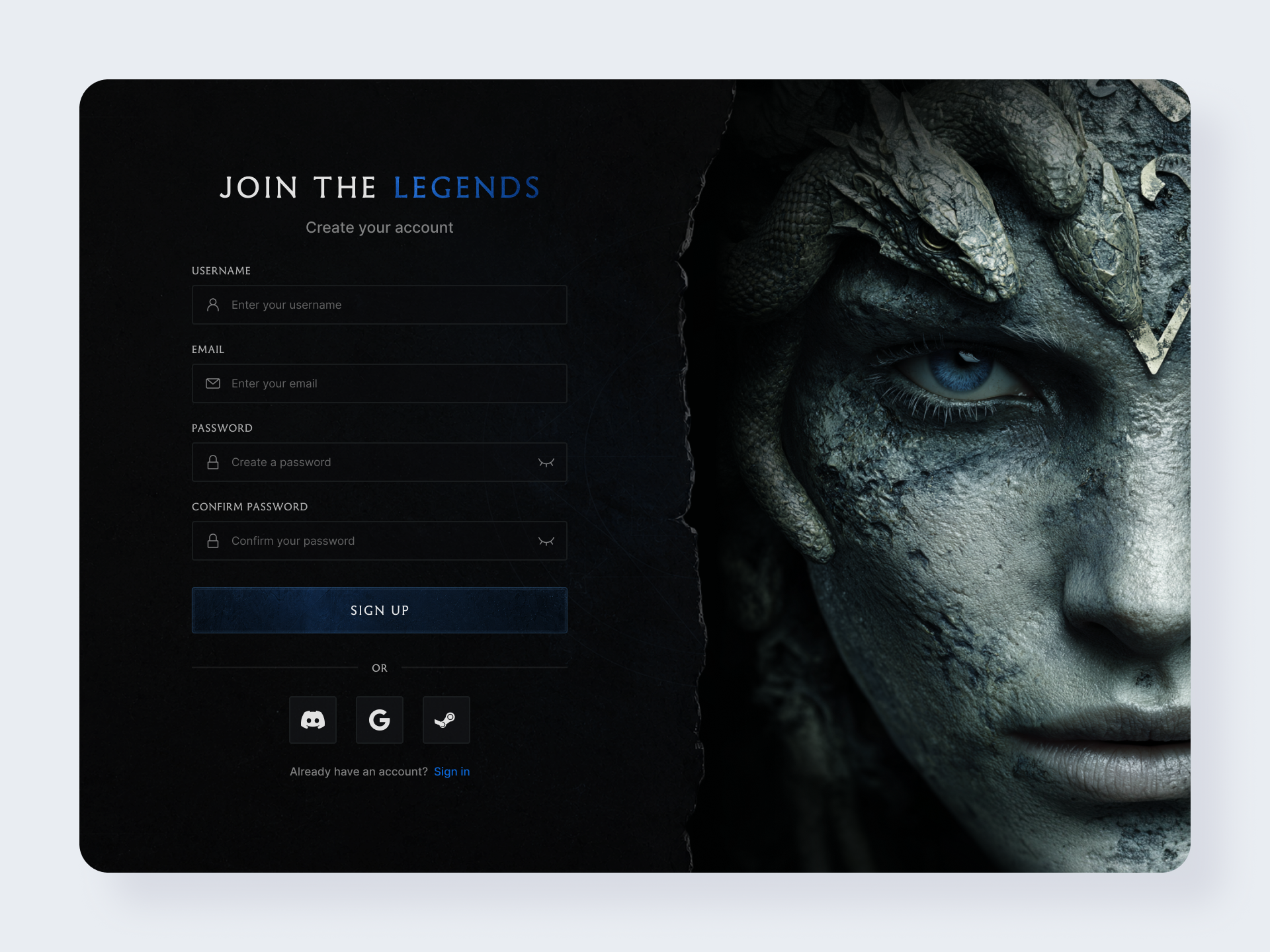 Dark Fantasy Gaming Signup Page by Alex Pavlov auth dark fantasy dark mode dark ui esports fantasy form design game design game ui gamer gaming gothic onboarding registration signup page ui design ux design web design web ui website