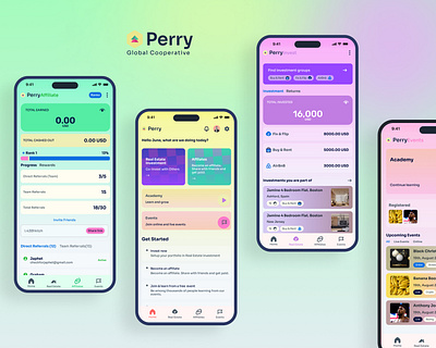 Perry Mobile: Main screens branding dashboard mobile ui ux