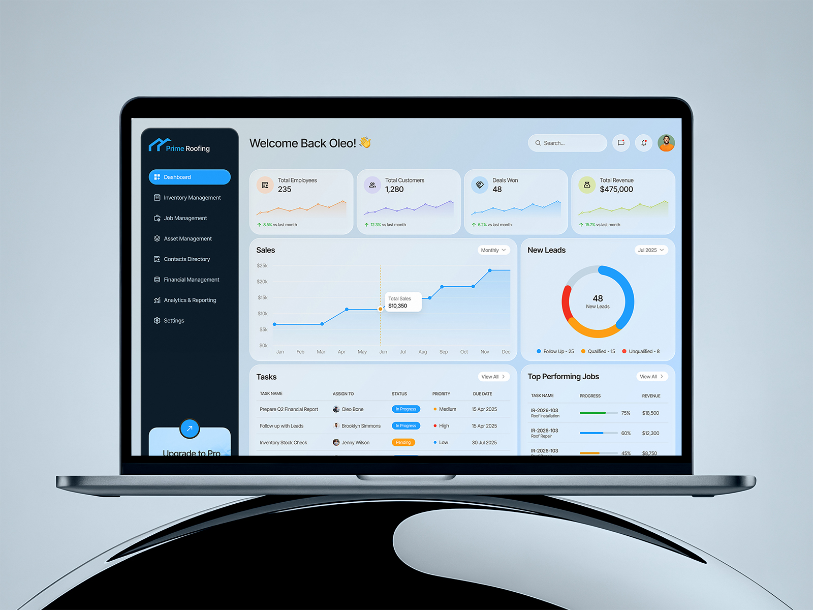 Roof Management Dashboard UI Design admin analytics branding cards charts dashboard design figma job management minimal modern modern design product design roofing management ui ui design ux web app web application