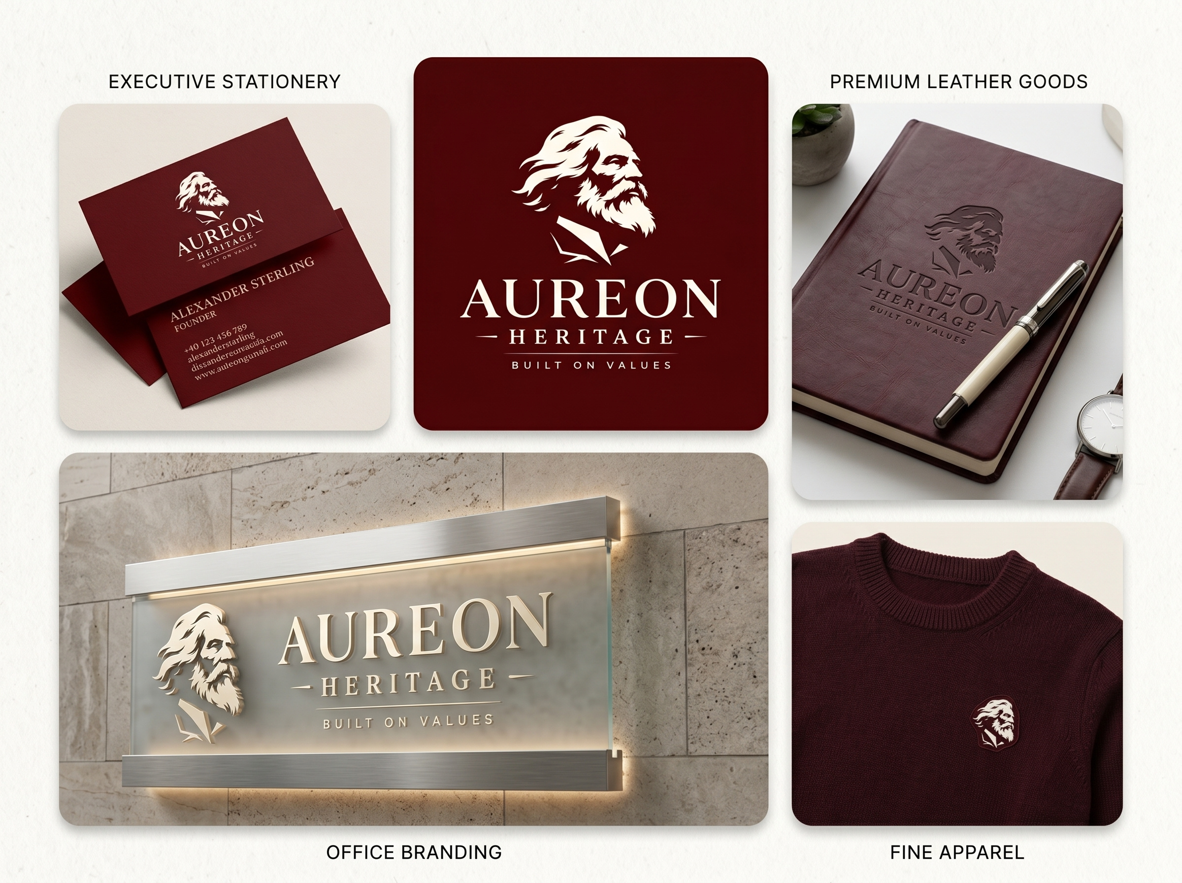 Aureon Heritage — Corporate Identity apparel design bento grid showcase brand identity brand touchpoints business card design classic logo corporate branding executive branding heritage logo identity design logo design luxury brand maroon color palette office signage portfolio design premium visual identity stationery mockup typography vector illustration visual system