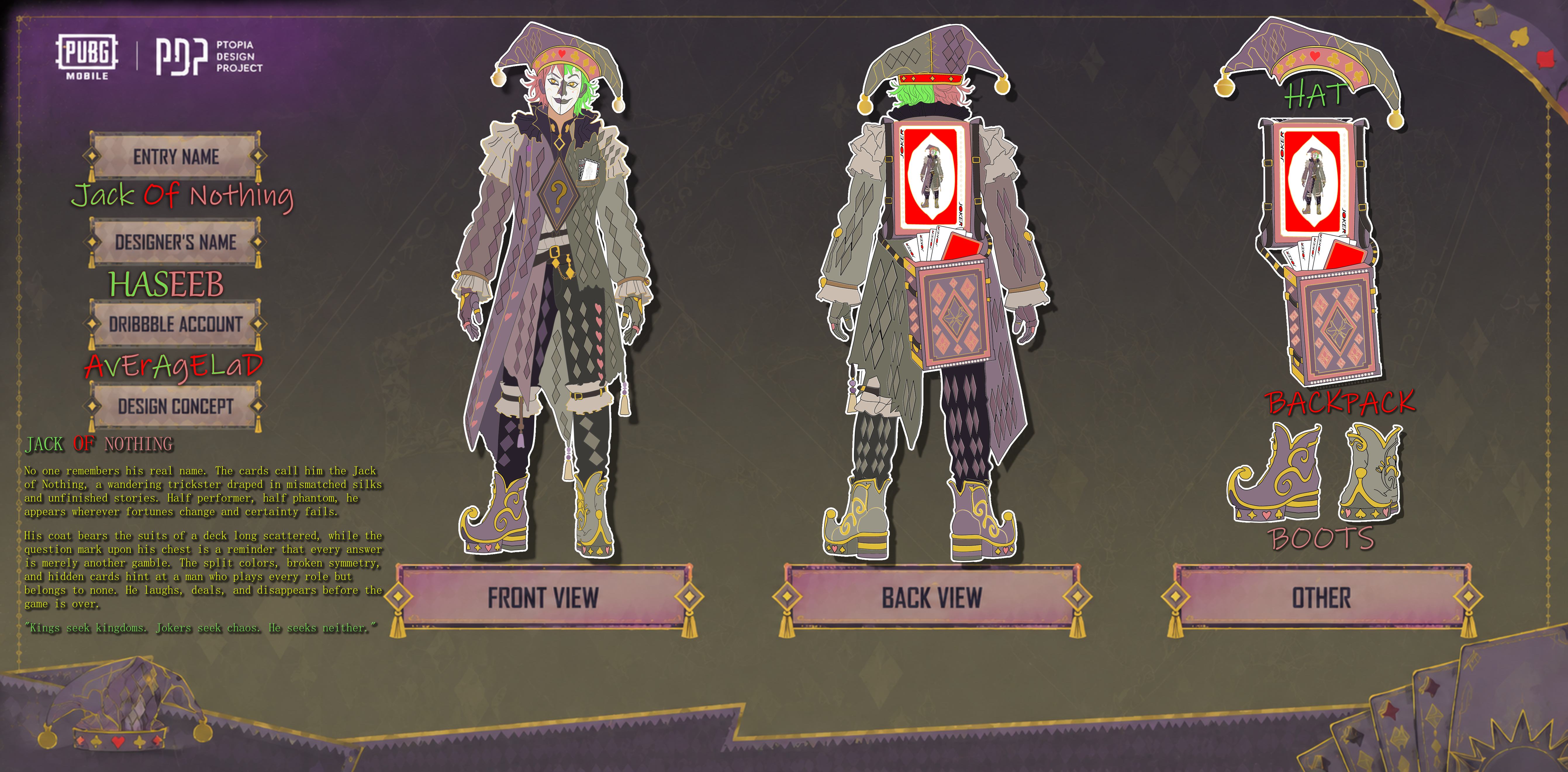 JACK OF NOTHING affinitydesigner battleroyale casino characterconcept characterdesign conceptart gameart harlequin inkscape jester krita mouseart phantom playingcards pubgmobile pubgpdp trickster uidesign vectorillustration villain