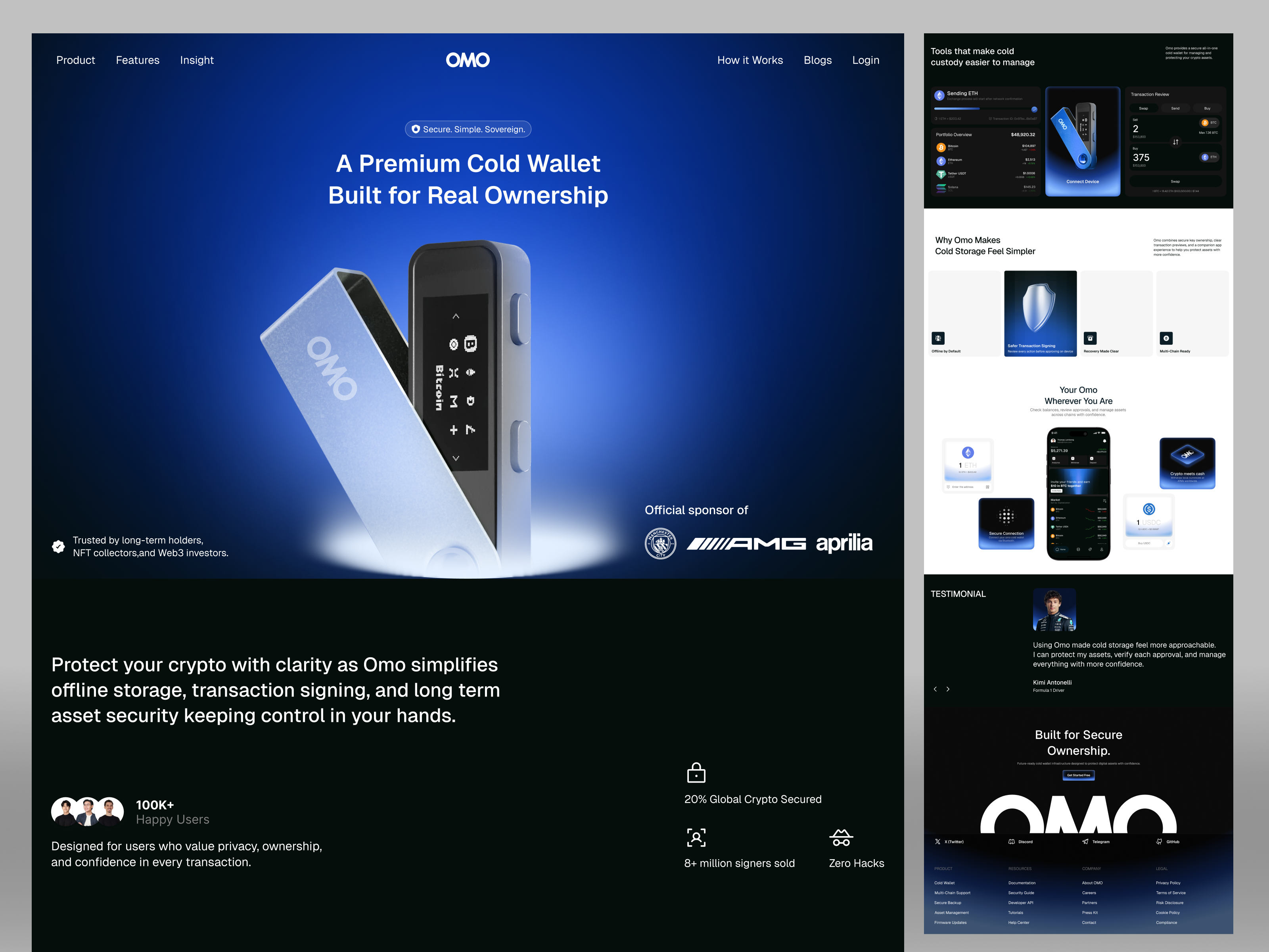 OMO - Cold Wallet Landing Page blockchaindesign cold wallet landingpage coldwallet cryptodesign cryptoui digitalproduct fintech fintechdesign minimaldesign web3 landingpage