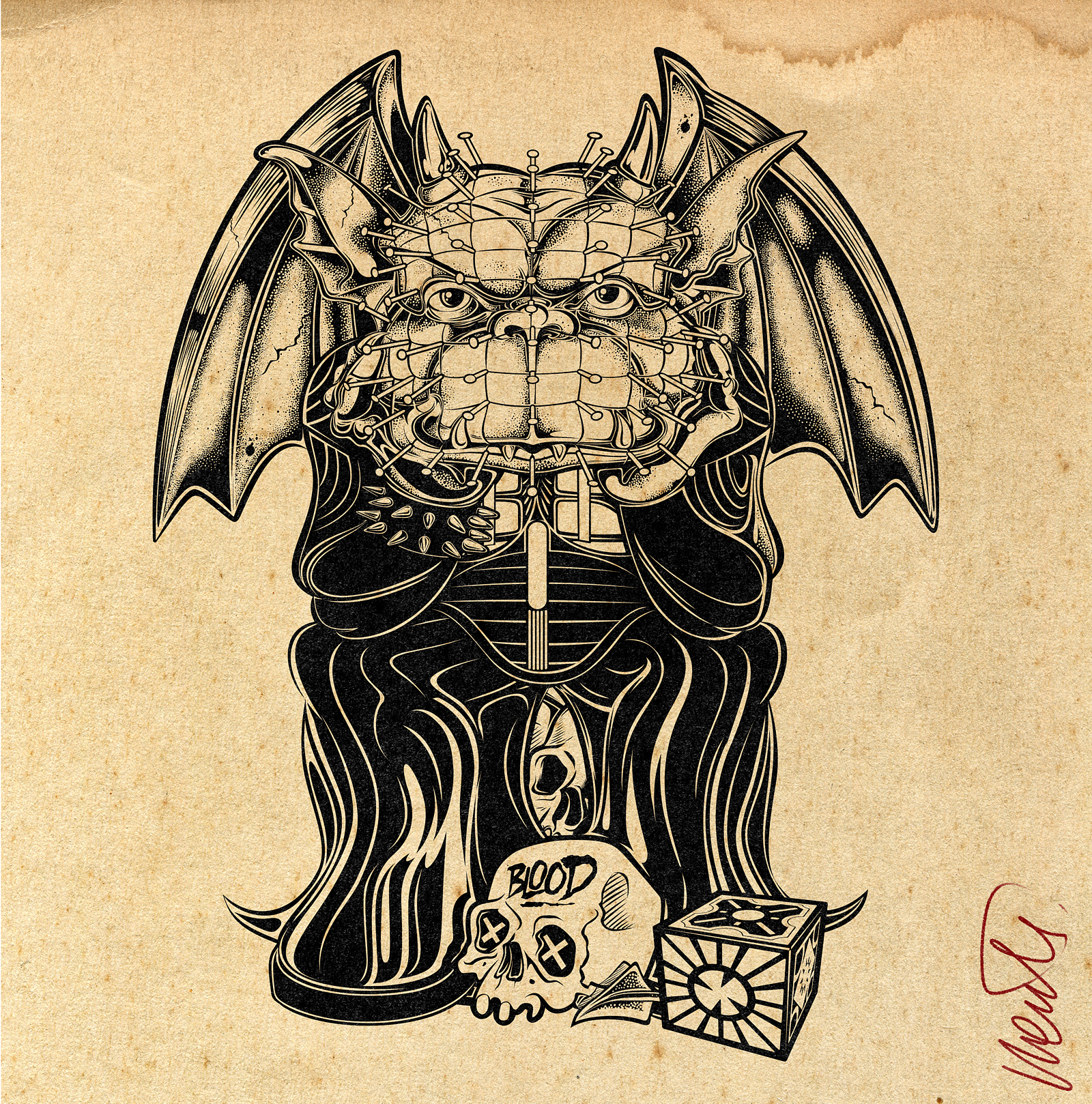 TEEN GARGOYLE DRAWING – HELLRAISER INK black and white art character design creature design cult movie art dark illustration david vicente gothic horror hellraiser horror art horror illustration illustration ink drawing line art monster art pinhead pop culture art retro illustration teen gargoyle underground art