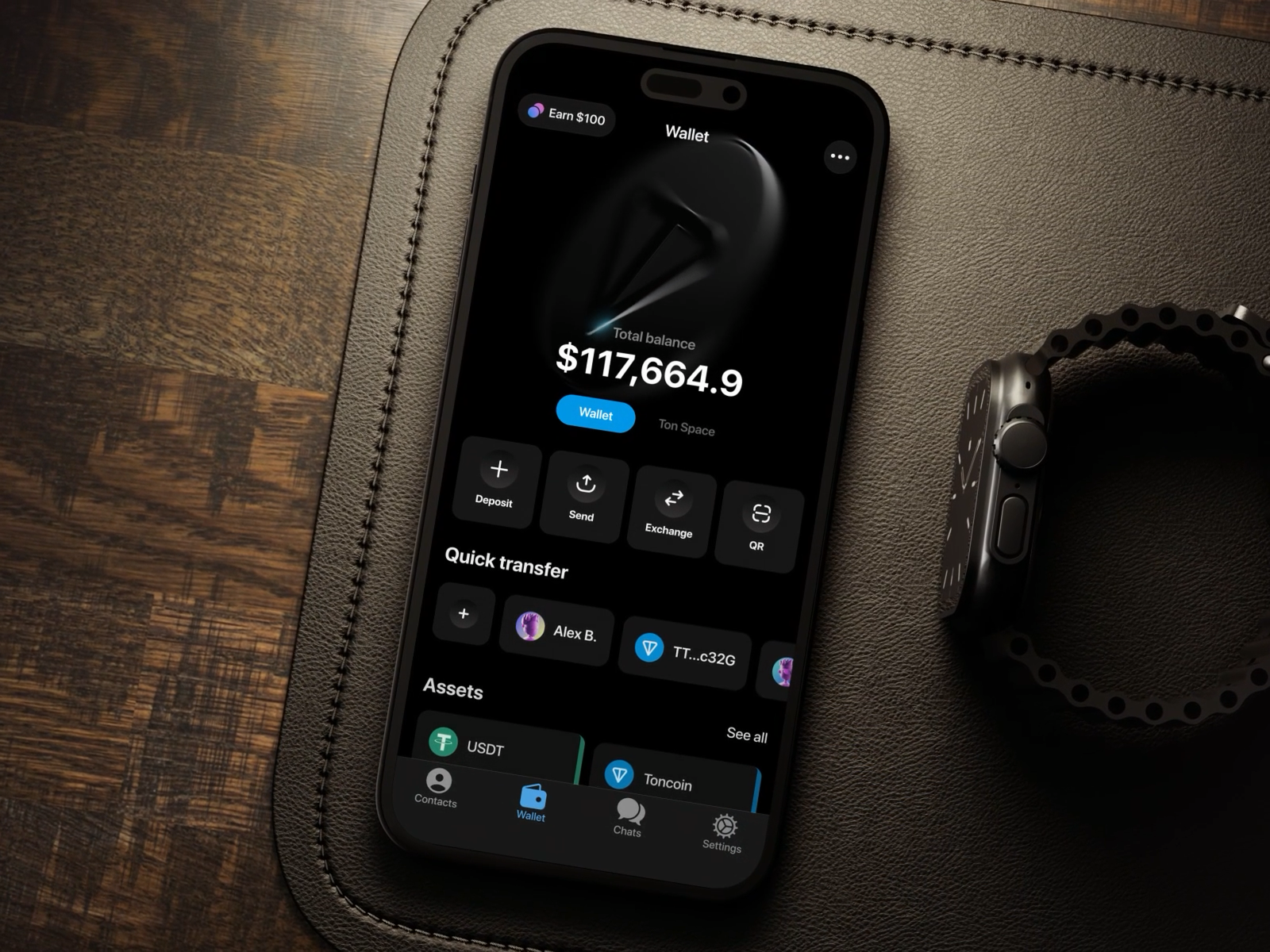 Dark mode telegram wallet 3d animation app design crypto crypto wallet finance fintech gram mob app design mobile mobile app saas telegram ton ui usdt wallet