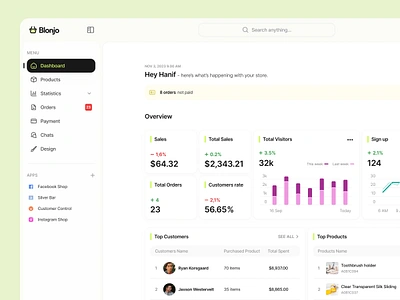 Blonjo - Dashboard webstore branding chart clean dashboard design e commerce green management minimal monitor product visual saas startup store ui ux visual identity web website webstore