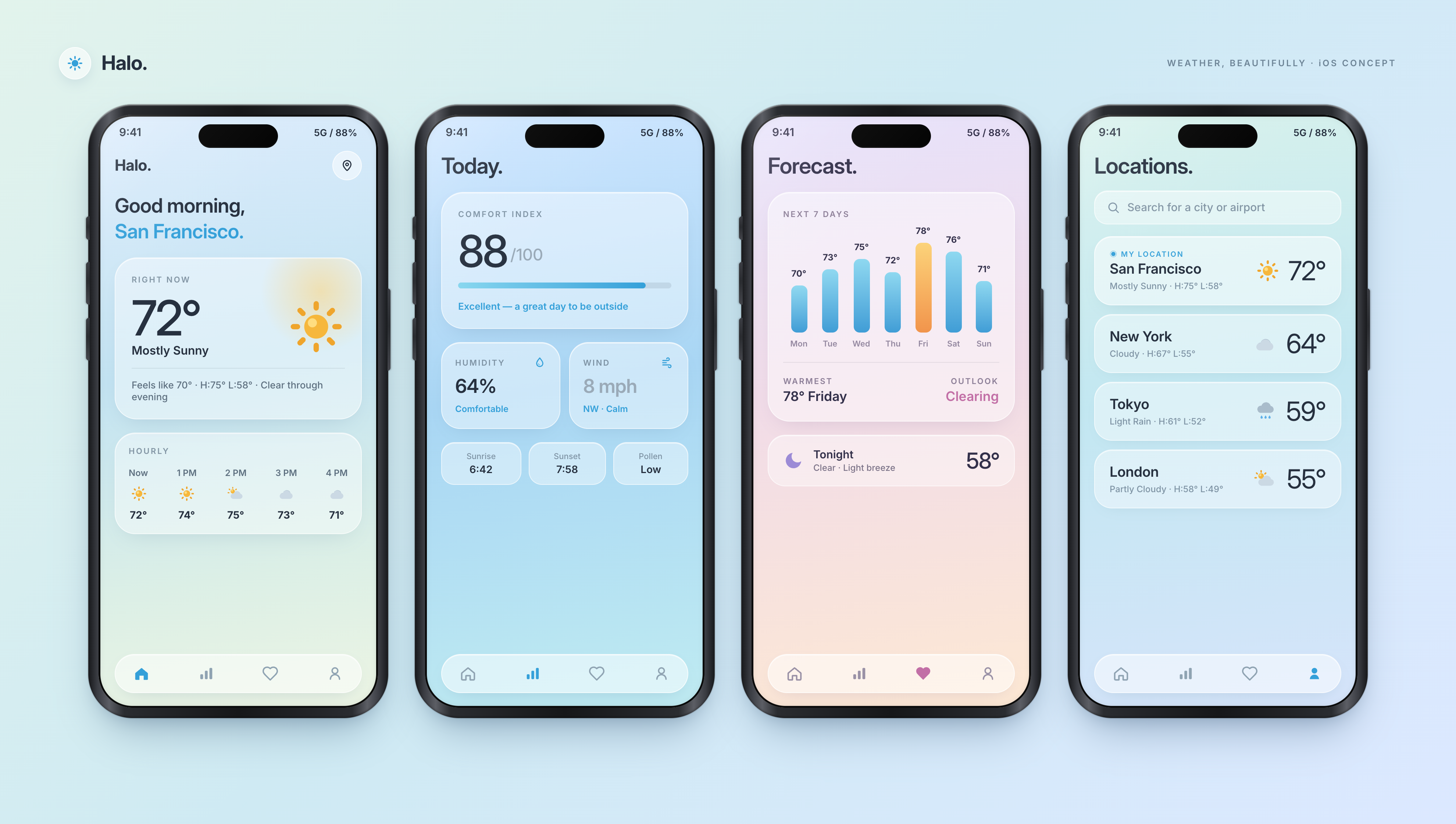 Halo- Weather App app design apple clean dark mode design gradient ios light mode minimal mobile app modern premium soft ui uiux ux weather app