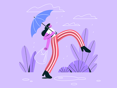 Rainy Day art character colorful design flat girl illustration illustrator plants procreate rain umbrella vector walking woman