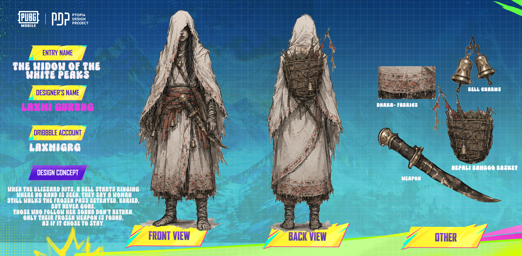 The Widow of the High Peaks | PUBG Concept Character Design atmospheric art character design cinematic design concept art cultural concept art dark fantasy digital illustration fantasy character game art game character game design himalayan theme horror concept nepali mythology pubg storytelling survival thriller art visual development worldbuilding