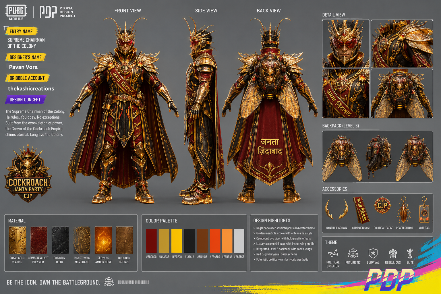 Cockroach Janta Party (2) battleroyaledesign championshipskin characterartist characterconcept cockroachjantaparty conceptart designinspiration dystopianart esportsfashion esportslegend fantasycharacter gameart gameassets gamingcommunity gamingcosmetics insectinspired politicalsatire pubgcreator scifidesign trendsetterdesign