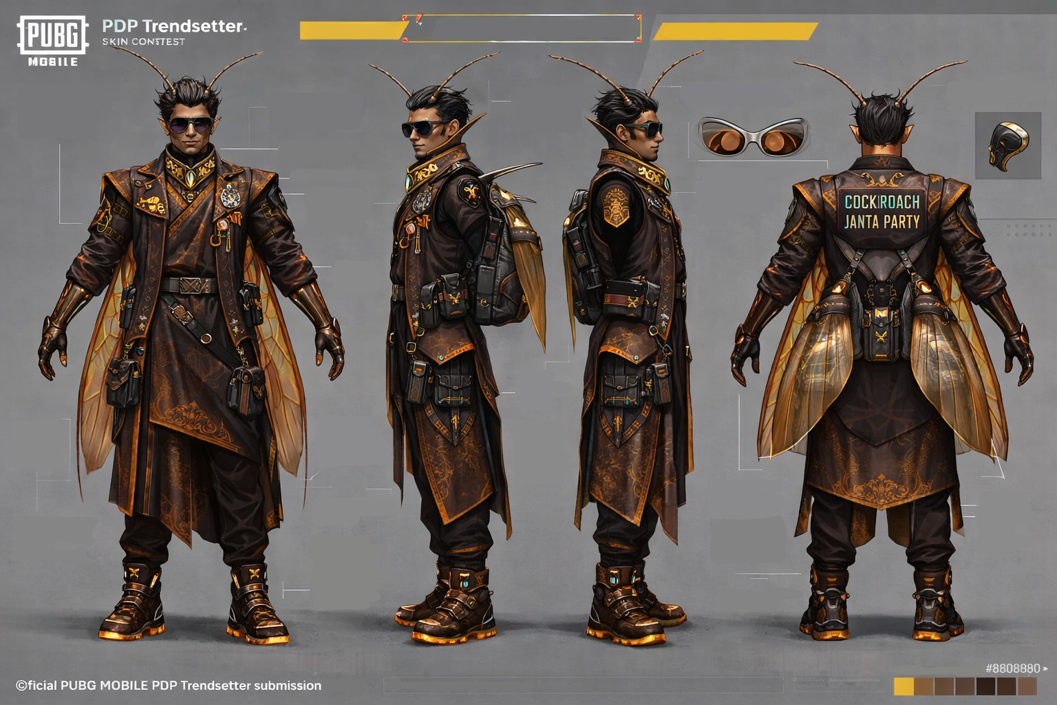 Cockroach Janta Party (3) battleroyaledesign championshipskin characterartist characterconcept cockroachjantaparty conceptart designinspiration esportsfashion esportslegend fantasycharacter gameart gameassets gamingcommunity gamingcosmetics graphic design insectinspired politicalsatire pubgcreator scifidesign trendsetterdesign