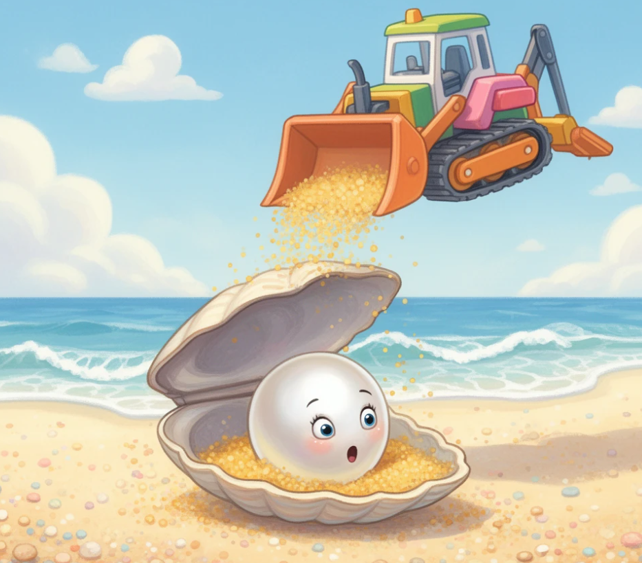 The Surprised Pearl Children's Book Illustration beach illustration character design children illustration childrens book illustration colorful art construction vehicle cute pearl digital painting editorial illustration fantasy illustration kidlit art ocean scene picture book storybook illustration summer vibes sweet characters toy bulldozer whimsical art