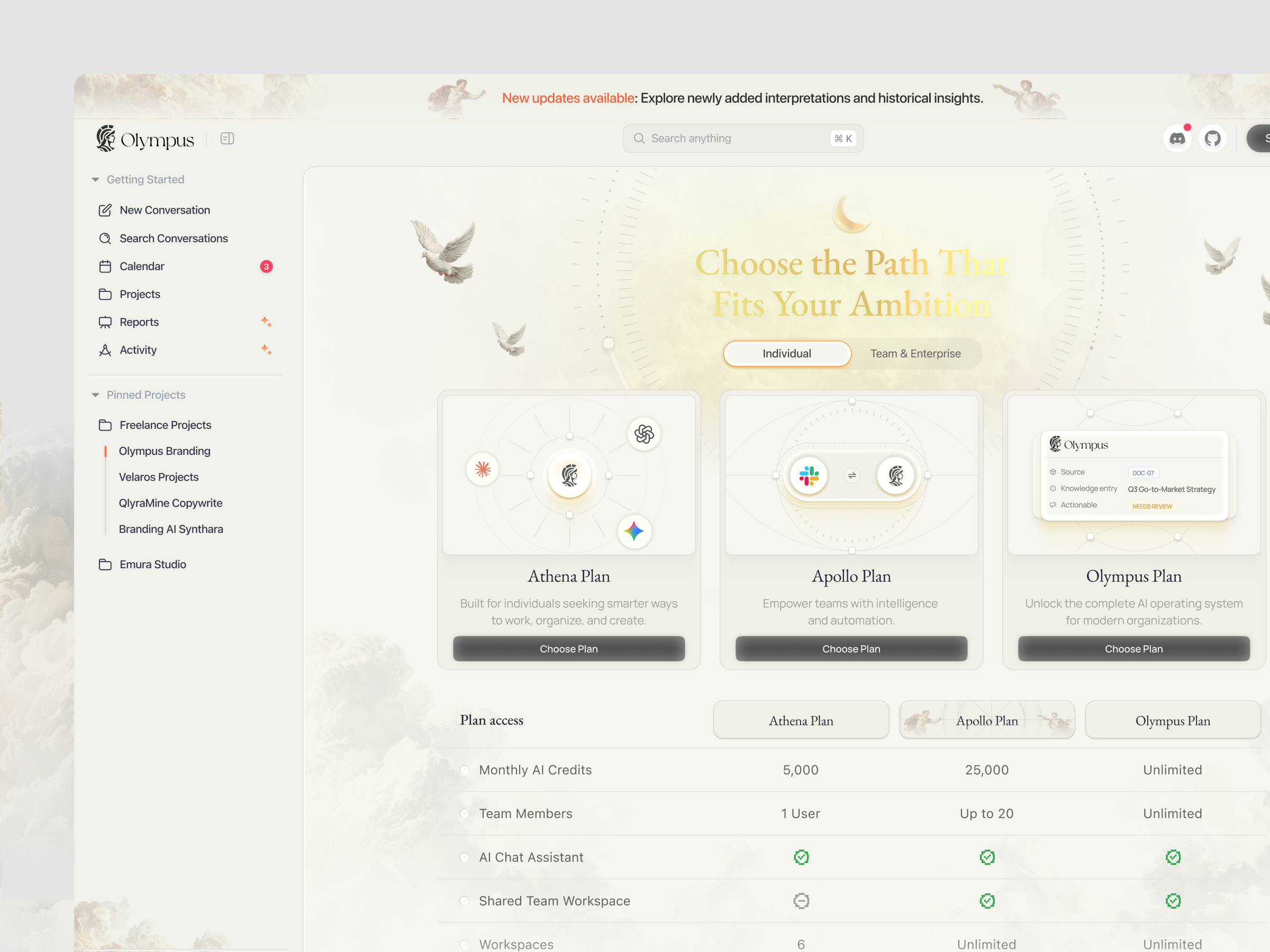 Olympus AI – Pricing Page ai ai assistant ai chat ai consultant ai dashboard ai tools ai workspace artificial intelligence assistant chat bot chatbot chatgpt chatgpt app dashboard emura pricing page pricing plan saas saas design siri
