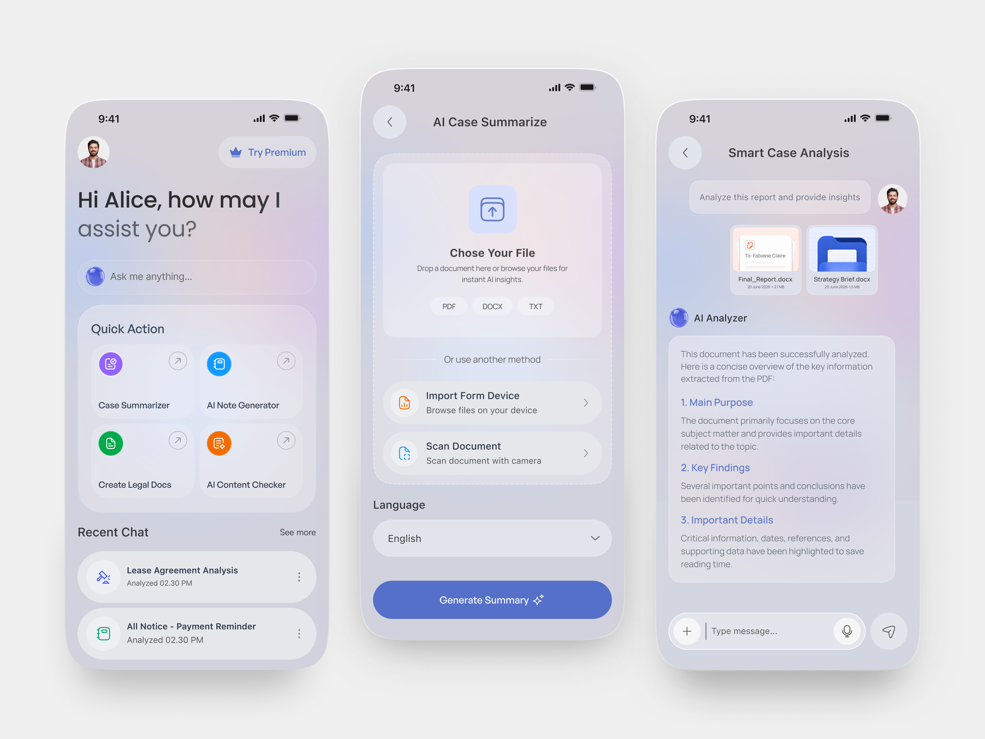 AI Legal Assistant – Smart Document Analyzer Mobile App ai assistant ai legal ai mobile app ai scanner case summarizer consultation document analyzer document scanner law app law app design legal tech mobile app product smart assistant