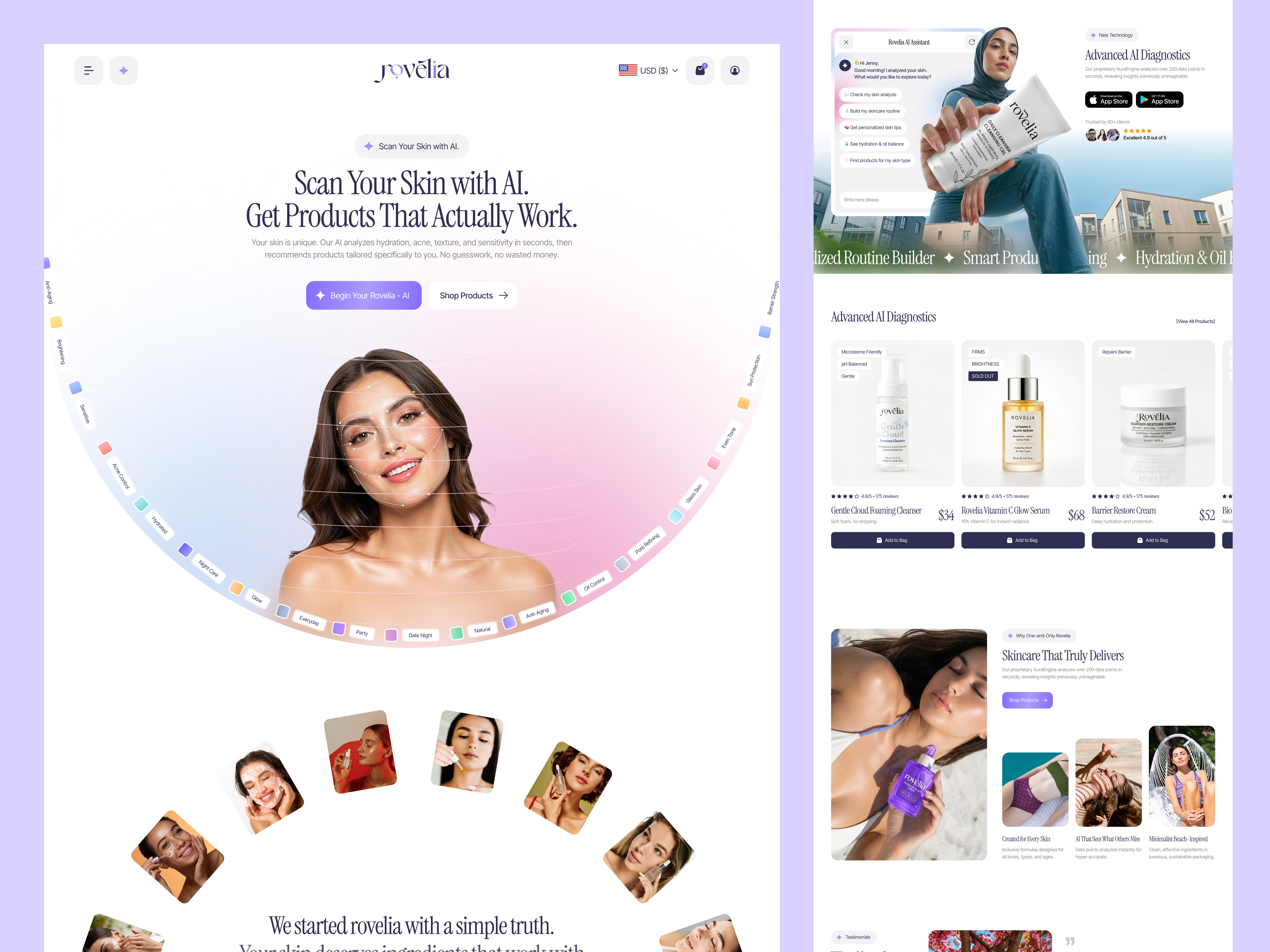 Rovelia - Skincare AI & E-Commerce Web Design | UI/UX ai powered skincare ai skincare ai skincare routine ai suggested skincare automatic skincare solution ecommerce website landing page radiyal shopify ecommerce shopify website skin ai scan skincare skincare ecommerce skincare product website skincare website ui ui design web design web ui design website design
