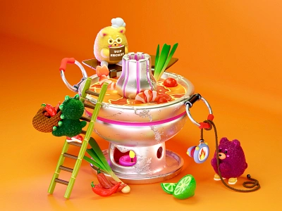 Secret recipe 3d bear blender cartoon cat chilli cook cuisine cute dino fluffy food funny lime prawn render soup thai tom yum toys