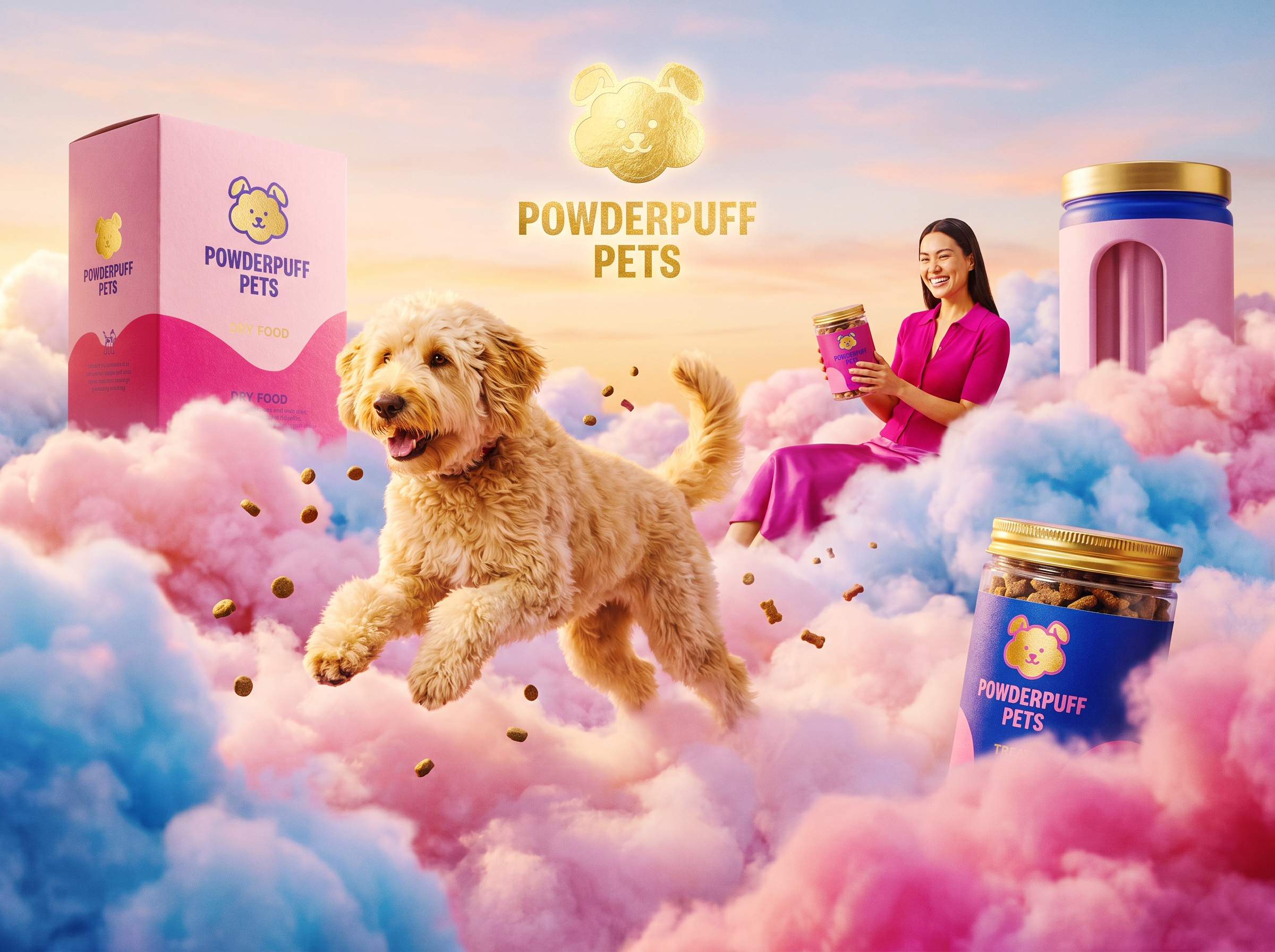 POWDERPUFF PETS | Cosmetics-Grade Petfood Branding by Up-Brands™ brand identity concrete retail storefront experience design glass jar gold lids gold foil pup monogram lifestyle luxury branding luxury dog food identity magenta knitwear lookbook modern luxury niche organic wave packaging box packaging design powderpuff pets case retail design two tone ceramic bowl up brands pop pet lifestyle velvet wavy shelving space visual identity 品牌