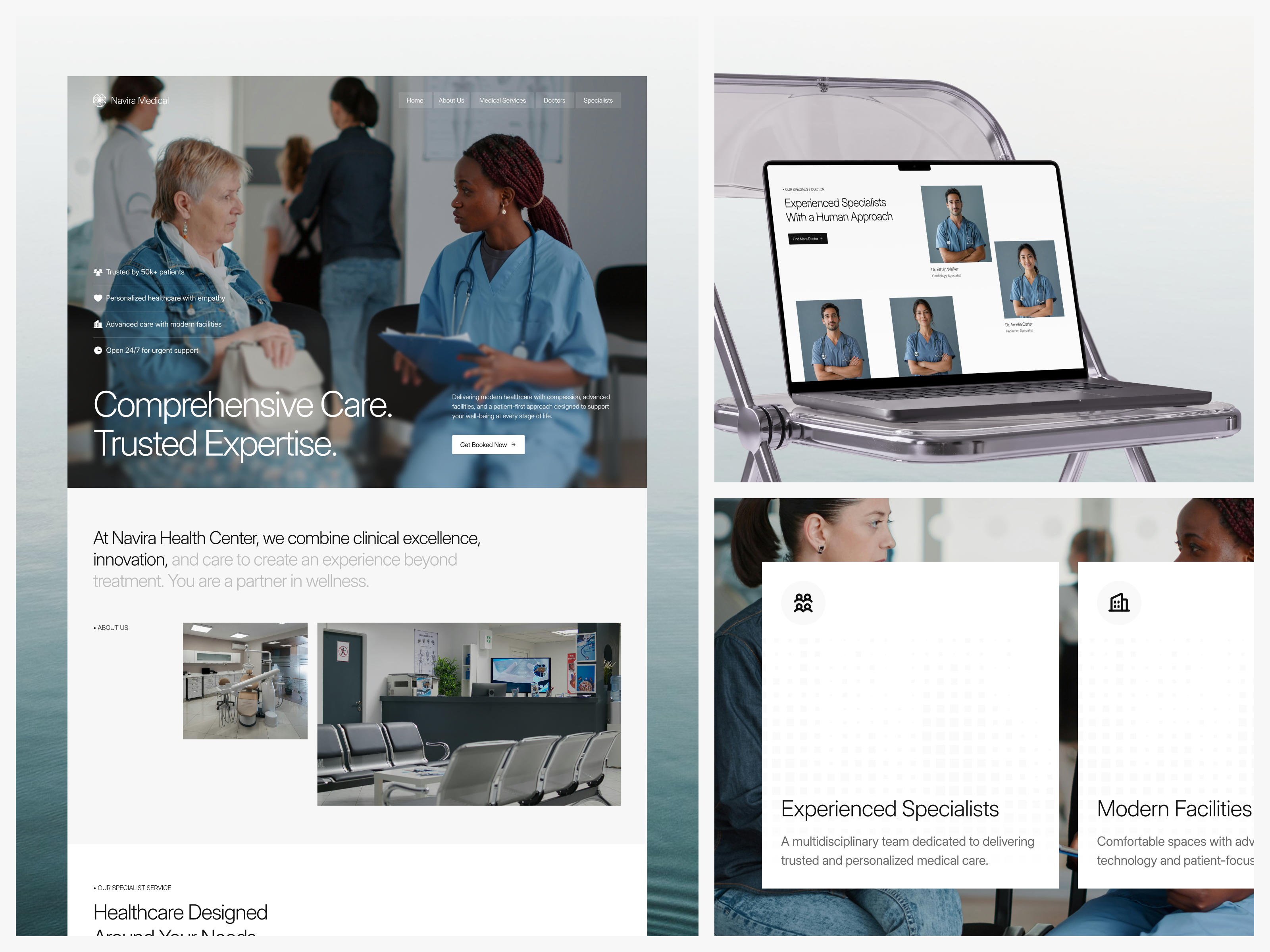 Navira Medical Landing Page appointment booking branding clean design clinic doctor editorial design health tech healthcare healthcare website hospital landing page medical medical website minimal design modern website typography ui design ux design visual design web design website design