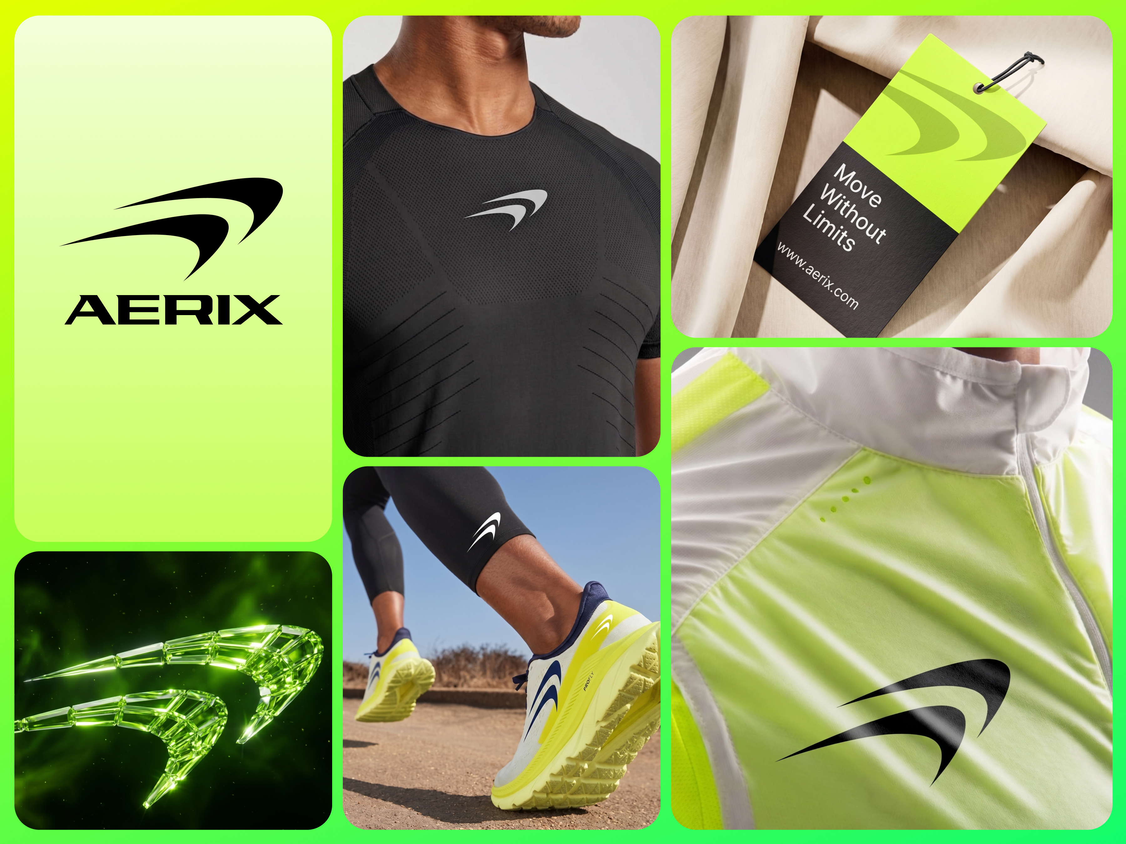 AERIX - Sportswear & Activewear Brand Identity activewear apparel athletic brand identity branding clothing brand dynamic fitness logo logo design minimalist modern logo neon green nike running shoes speed sports branding sports logo sportswear typography
