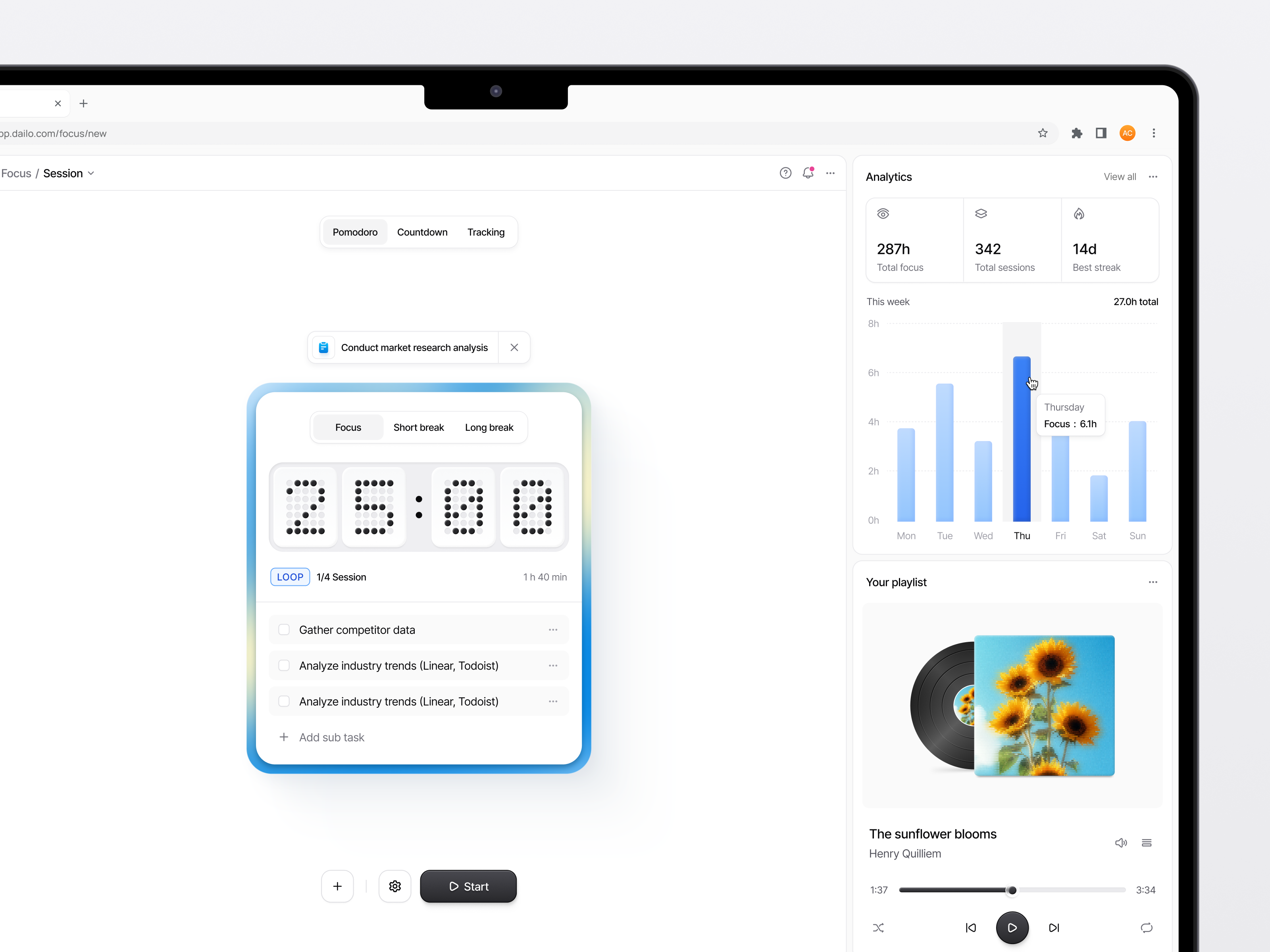 Dailo - Focus Session & Pomodoro SaaS ai analytics clean dashboard design modern playlist pomodoro product design productivity saas saas timer tracking ui design