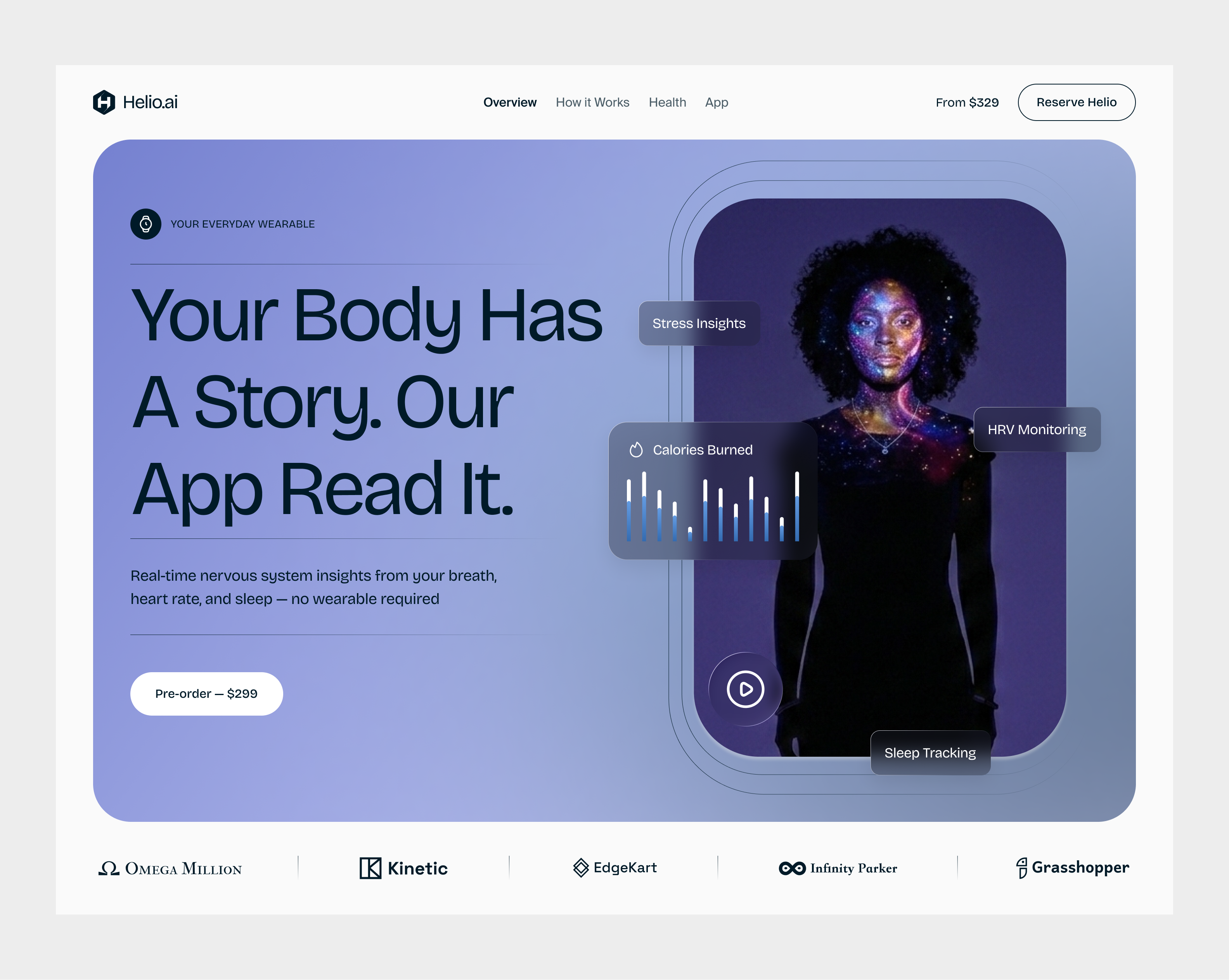 Helio.ai — Wearable Health Tech Landing Page figma glassmorphism healthtech herosection landingpage minimaldesign uidesign uxdesign wearabletech webdesign websitedesign