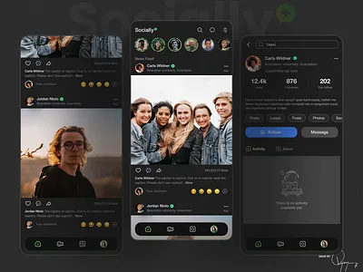 Socially App UI Design appdesign booking cleanui dark darkui design iosapp mobileapp mobileui social socialmedia ui uiux ux website
