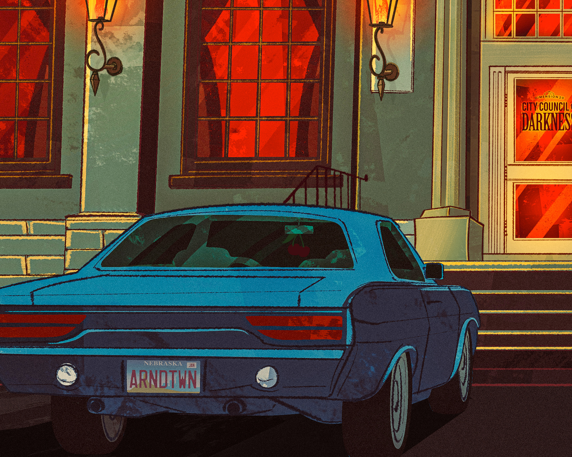 Dimension 20: City Council of Darkness Opening 2d animatic animation art car city council of darkness cityscape credit d20 digital painting dimension 20 dropout illustration opening procreate retro television tv vampire vintage