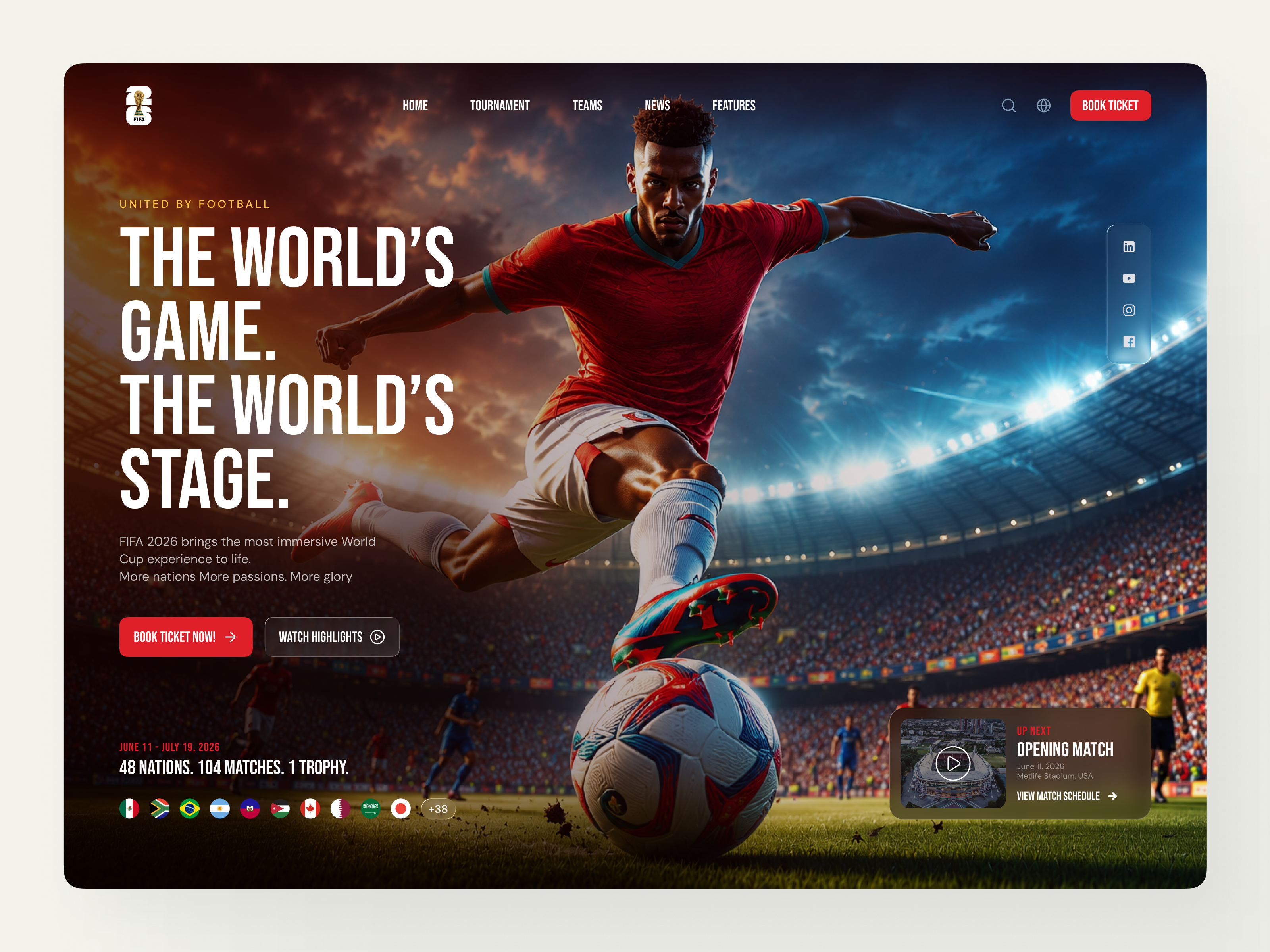 FIFA 2026 — World Cup Experience Landing Page 2026 best branding custom design dark mode design fifa hero section hire illustration interface landing page minimal sports ui ux website world cup